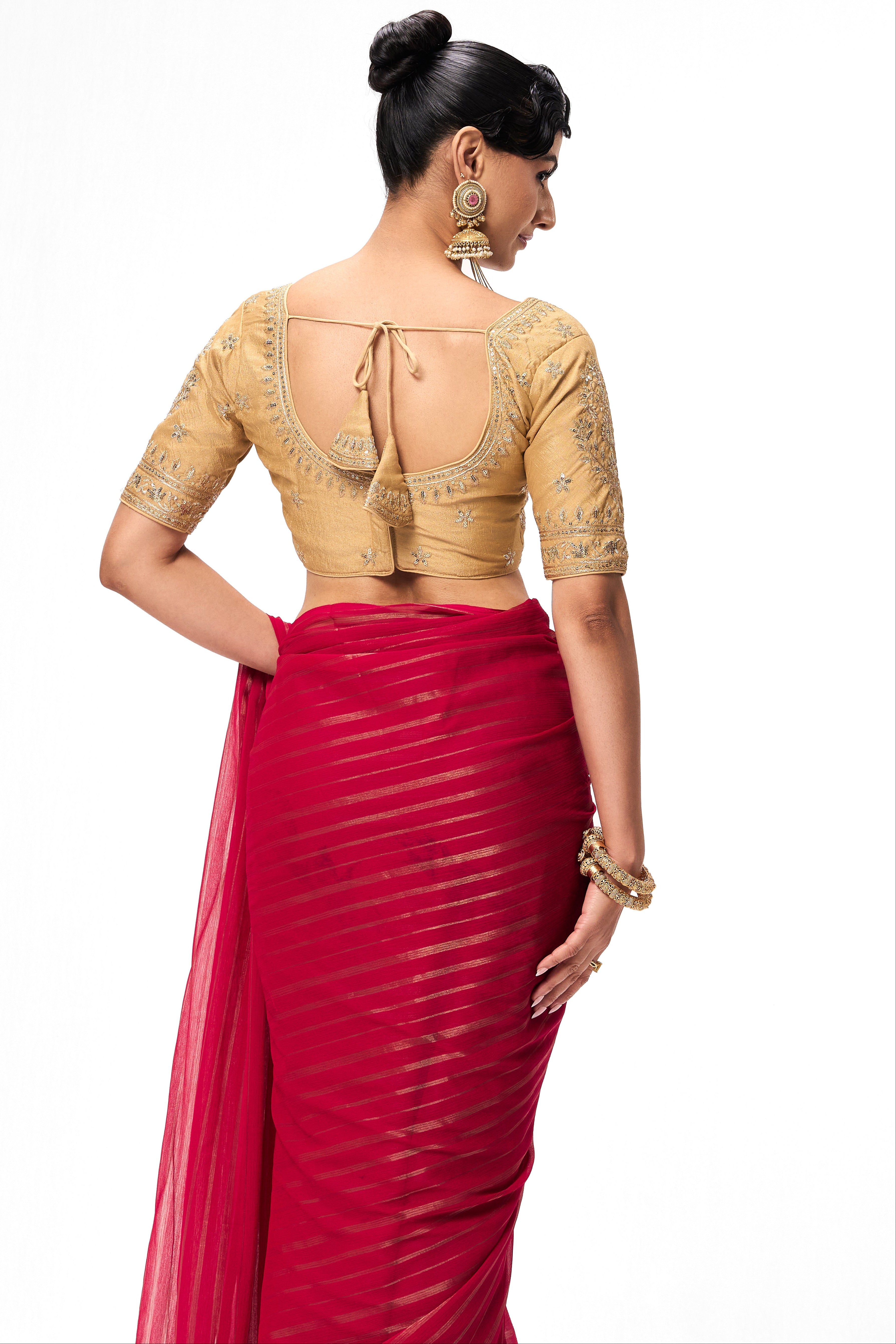 With Readymade Blouse - Pink Gold Stripes Chiffon Saree with Sabya Cream Embroidered Readymade Blouse