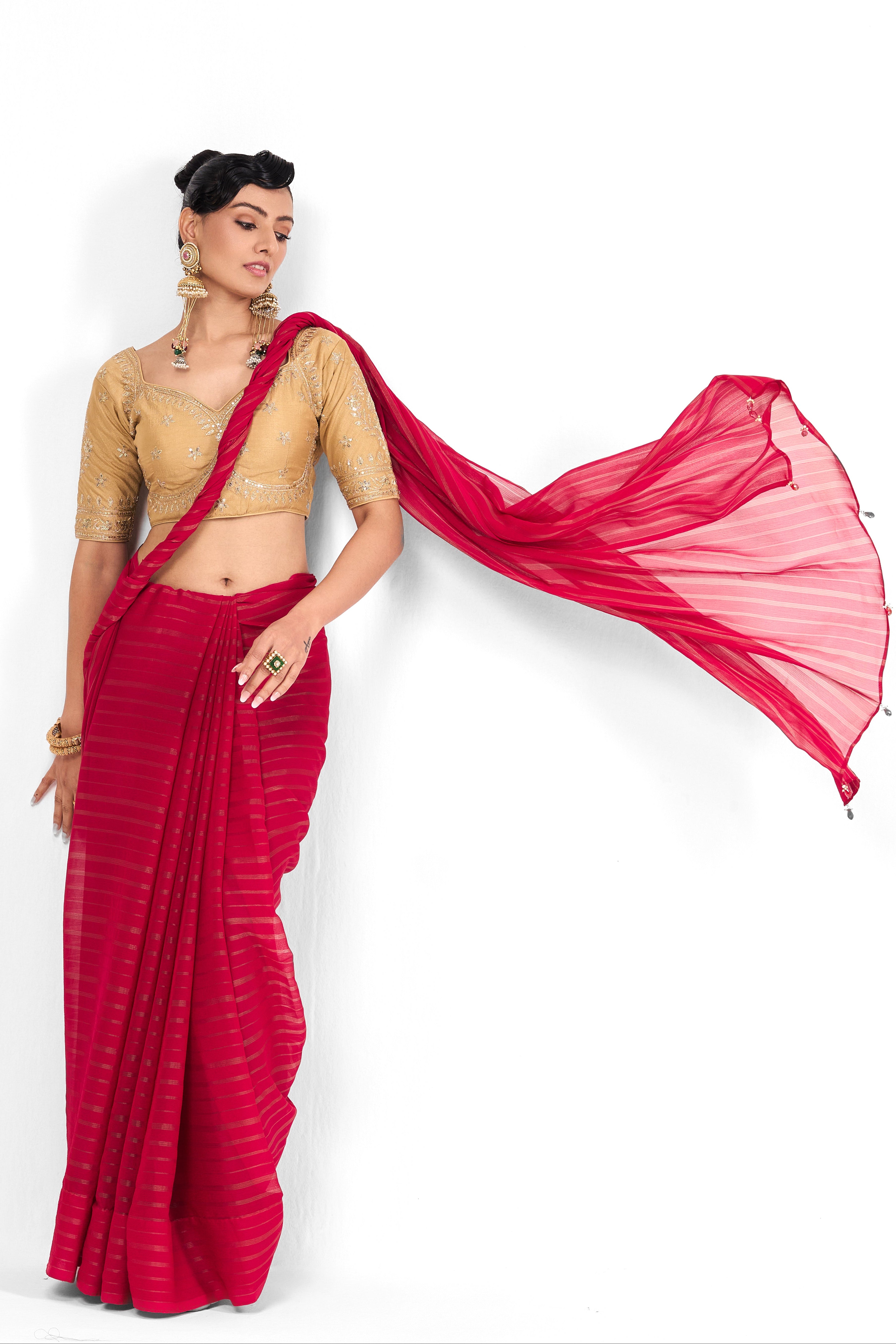 Pink Gold Stripes Chiffon Saree with Sabya Cream Embroidered Readymade Blouse