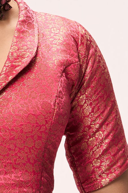 Pink Jacquard Collar Blouse – Free-Size Adjustable 32–40 inches | Structured Festive Blouse
