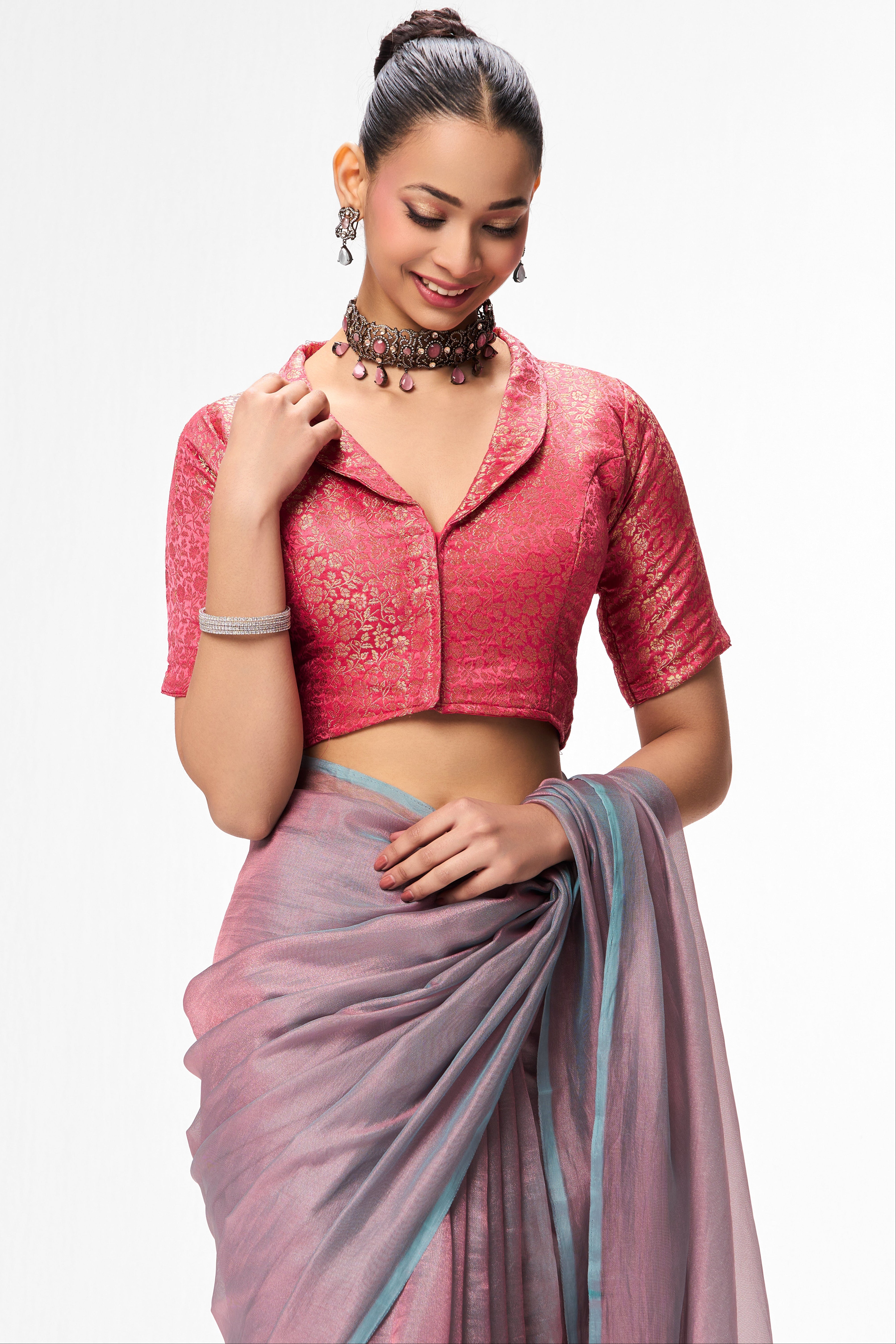 With Readymade Blouse - Light Blue Pink Textured Chiffon Saree with Pink Jacquard Collar  Readymade Blouse