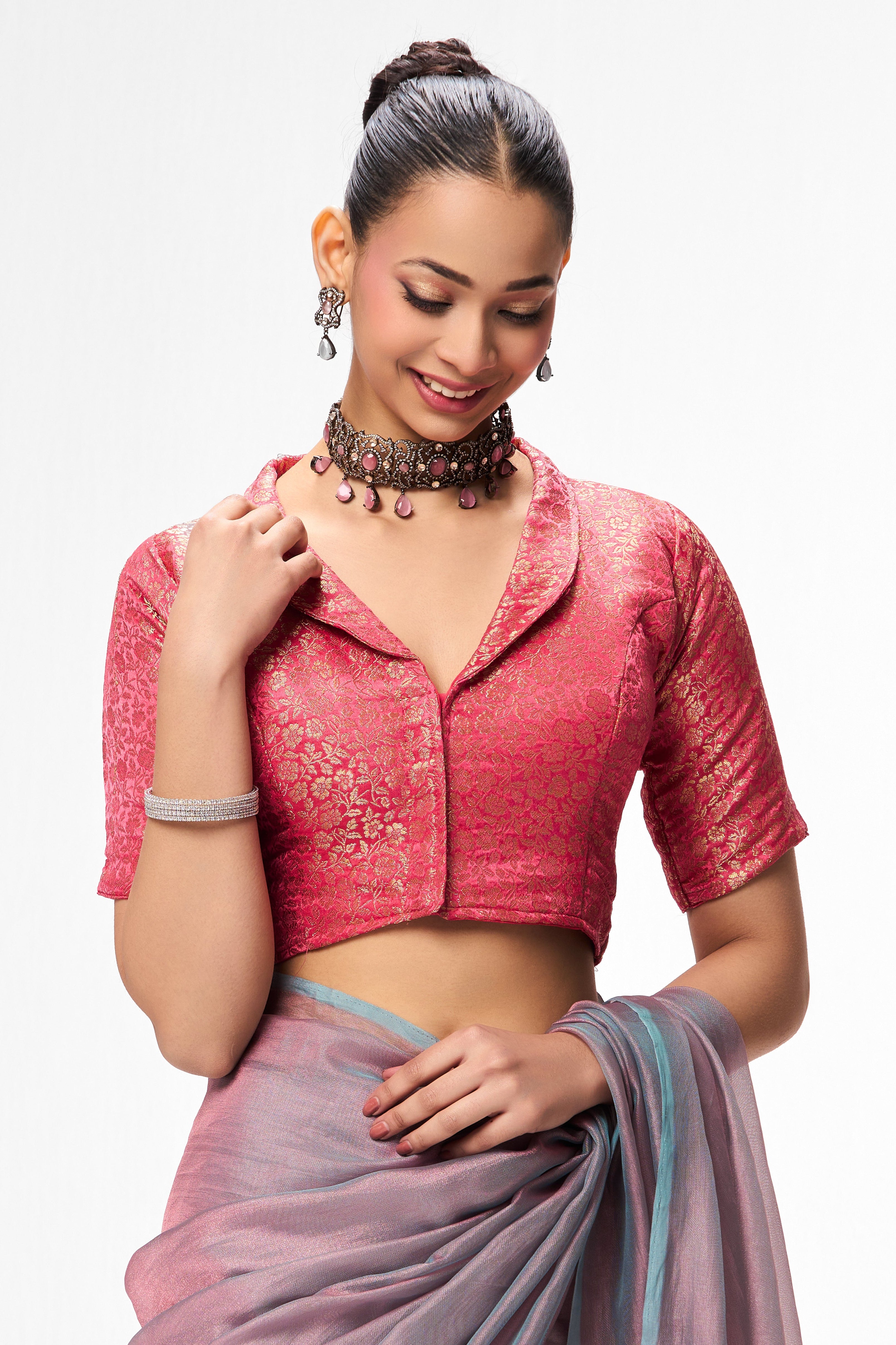 Pink Jacquard Collar Blouse – Free-Size Adjustable 32–40 inches | Structured Festive Blouse