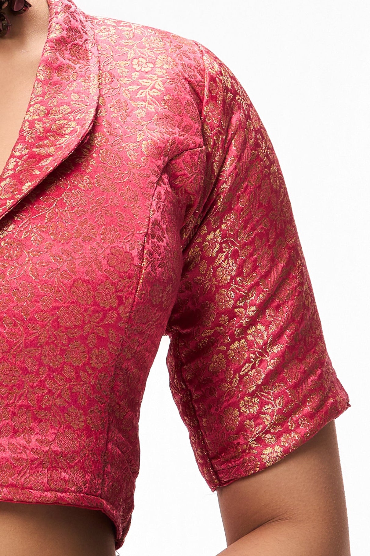 With Readymade Blouse - Light Blue Pink Textured Chiffon Saree with Pink Jacquard Collar  Readymade Blouse