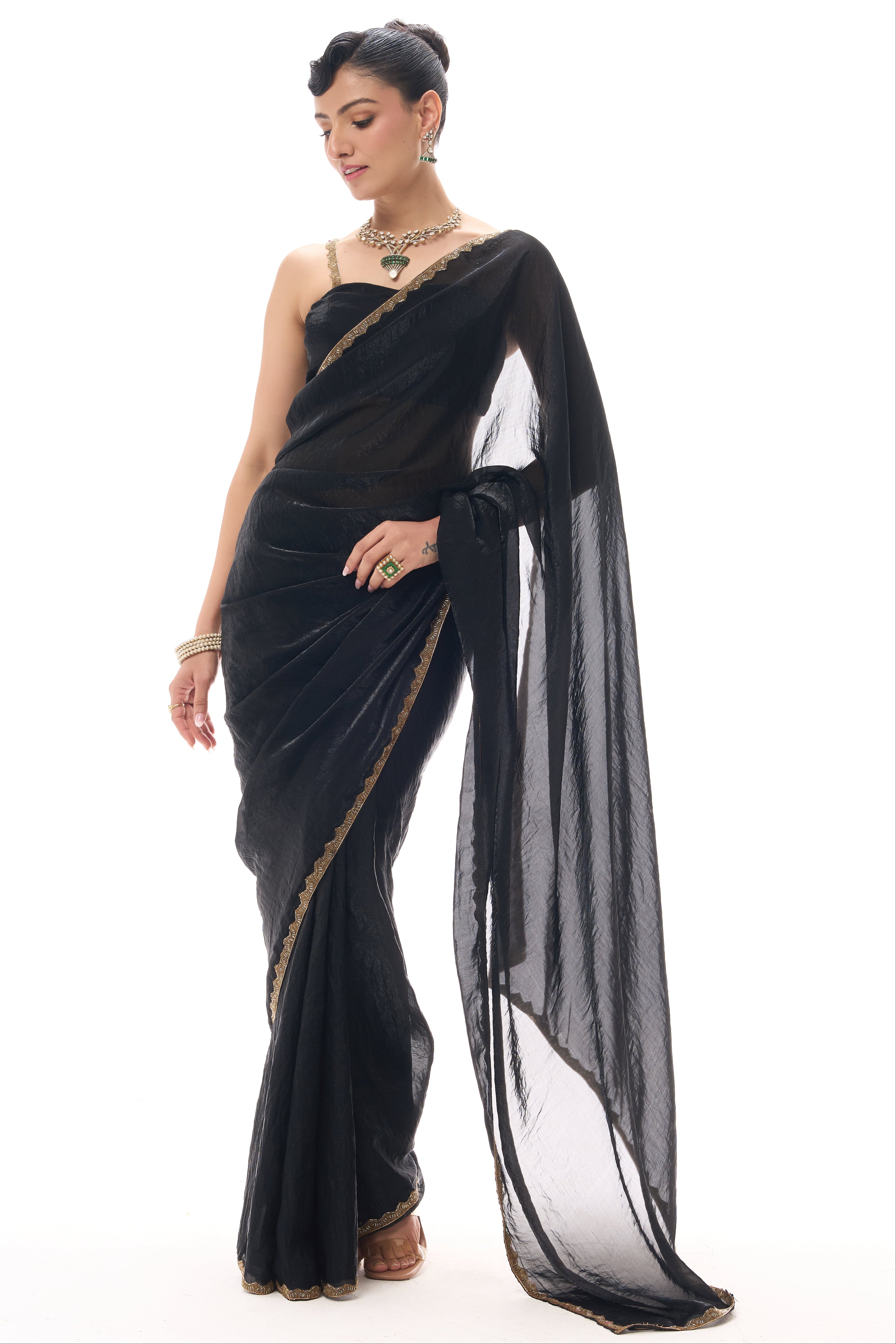 Black Gold Border Metallic Satin Saree with Blouse Fabric