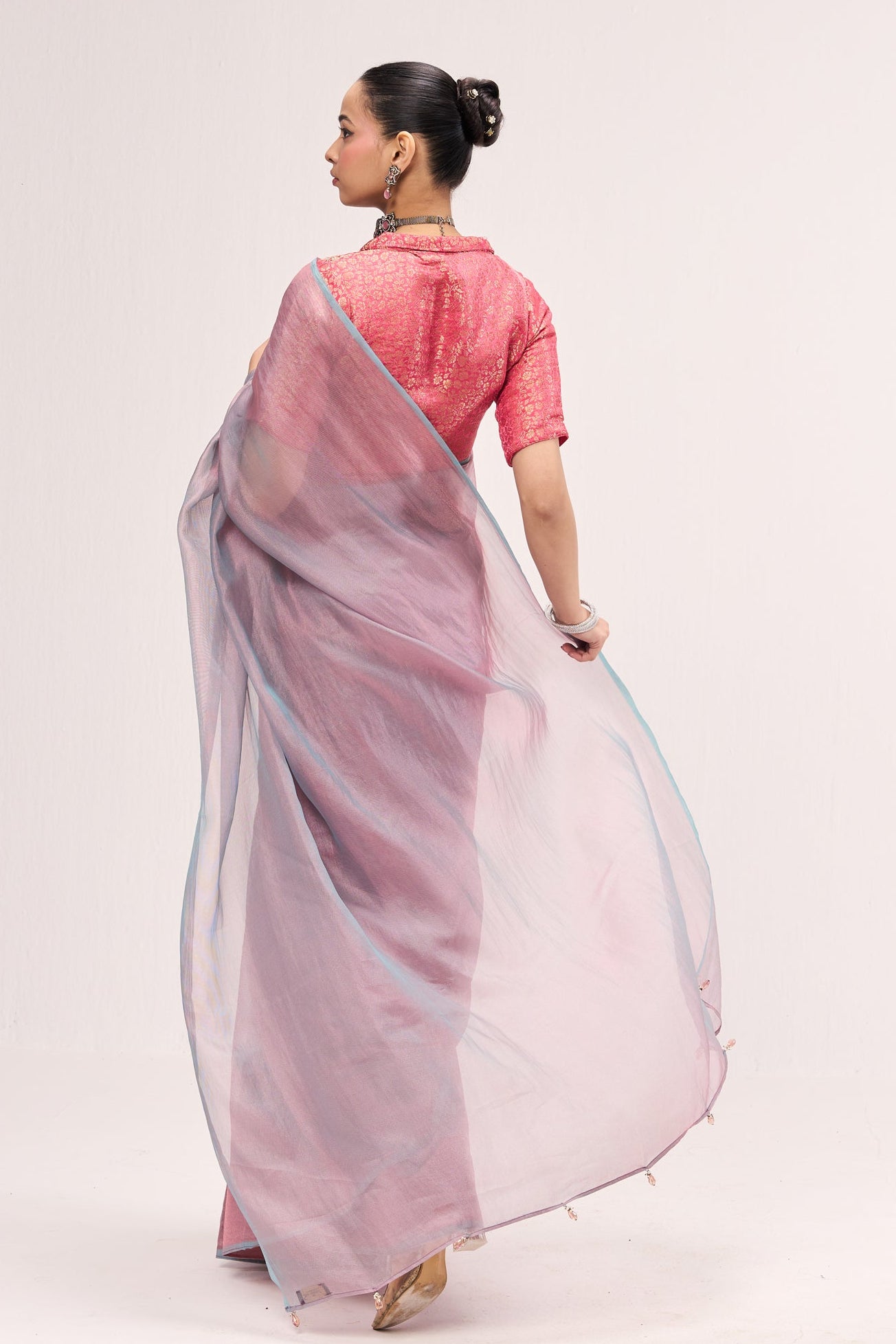 Light Blue Pink Textured Chiffon Saree with Pink Jacquard Collar  Readymade Blouse