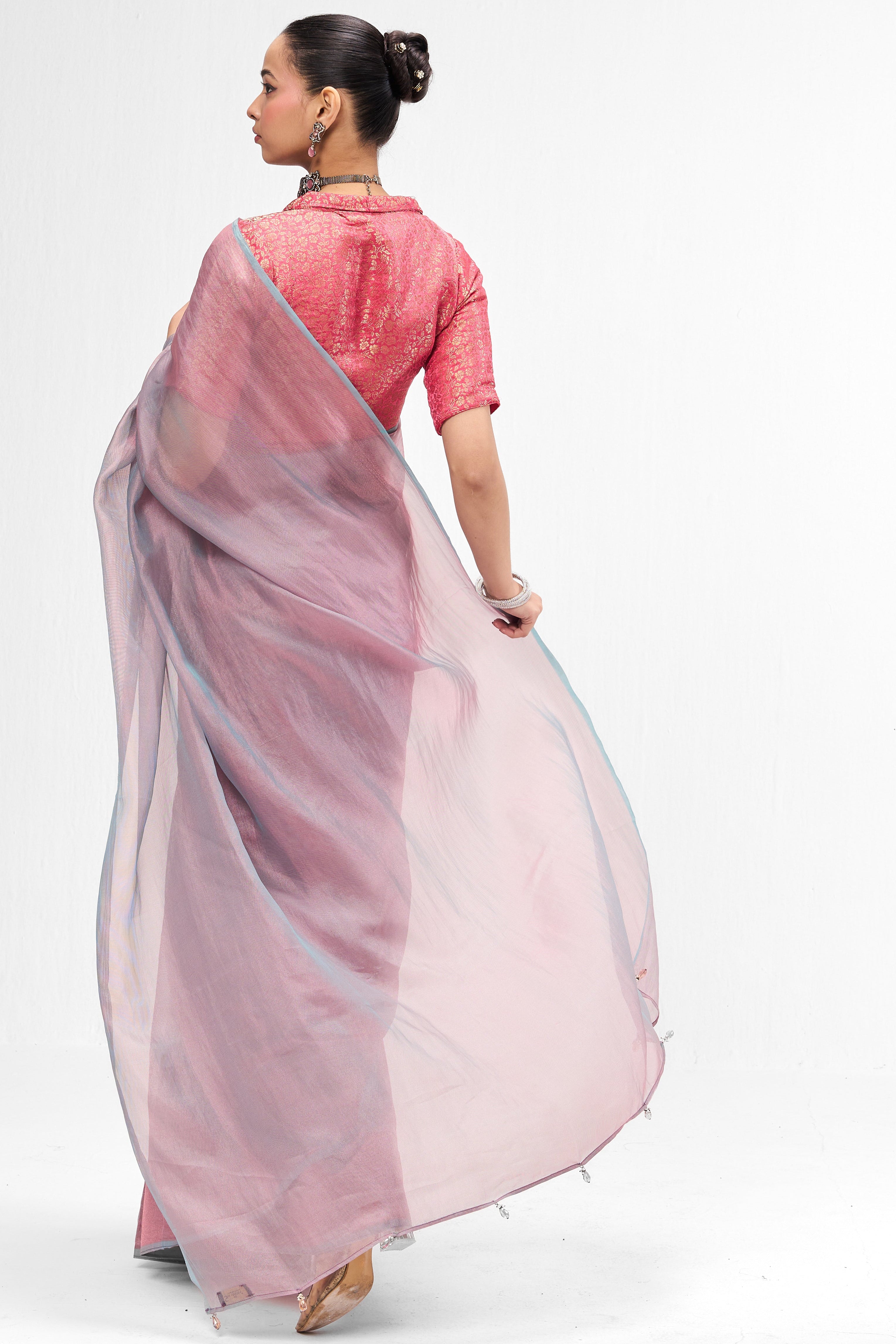 With Readymade Blouse - Light Blue Pink Textured Chiffon Saree with Pink Jacquard Collar  Readymade Blouse