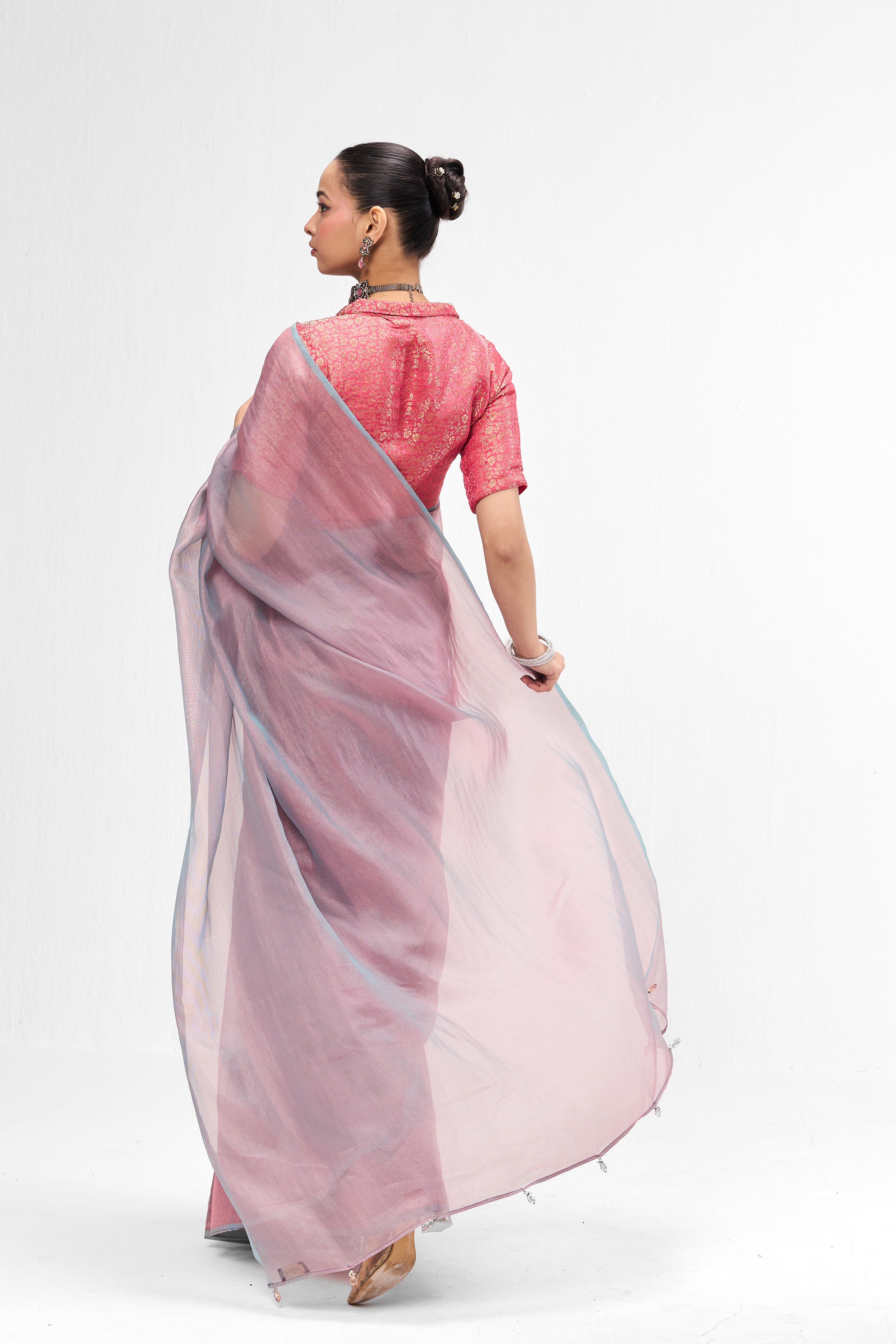 Pink Jacquard Collar Blouse – Free-Size Adjustable 32–40 inches | Structured Festive Blouse