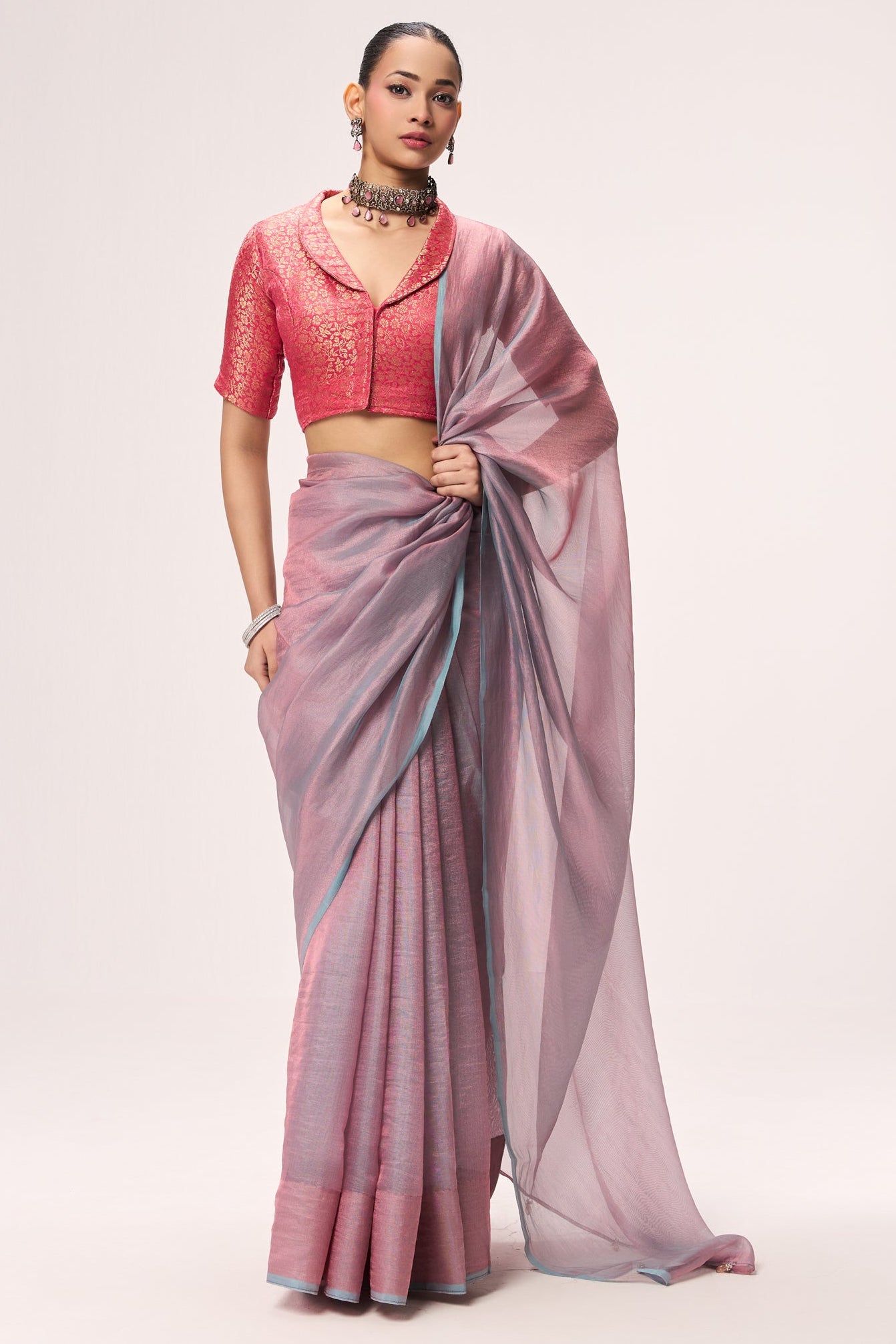 Light Blue Pink Textured Chiffon Saree with Pink Jacquard Collar  Readymade Blouse