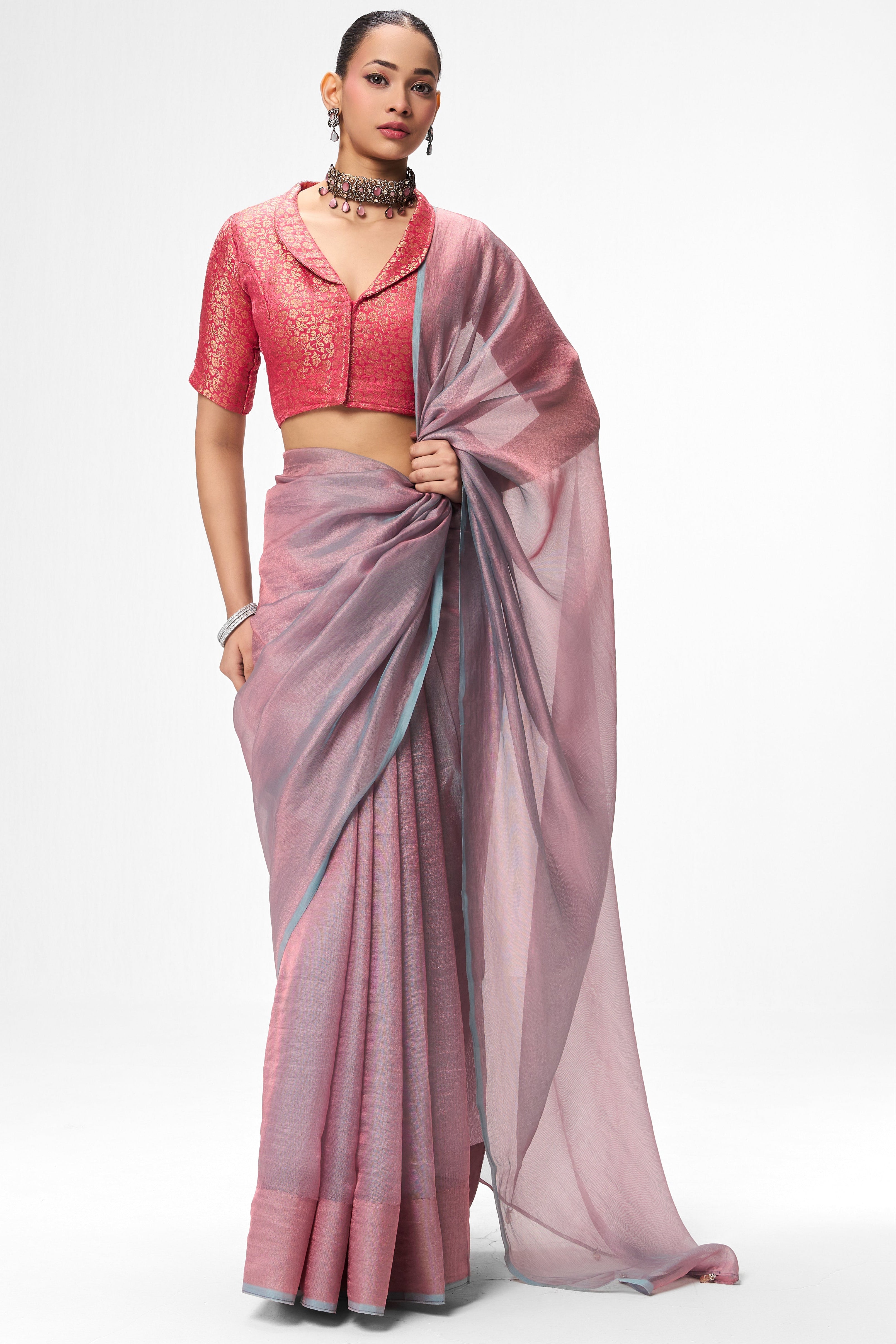 Light Blue Pink Textured Chiffon Saree with Pink Jacquard Collar  Readymade Blouse