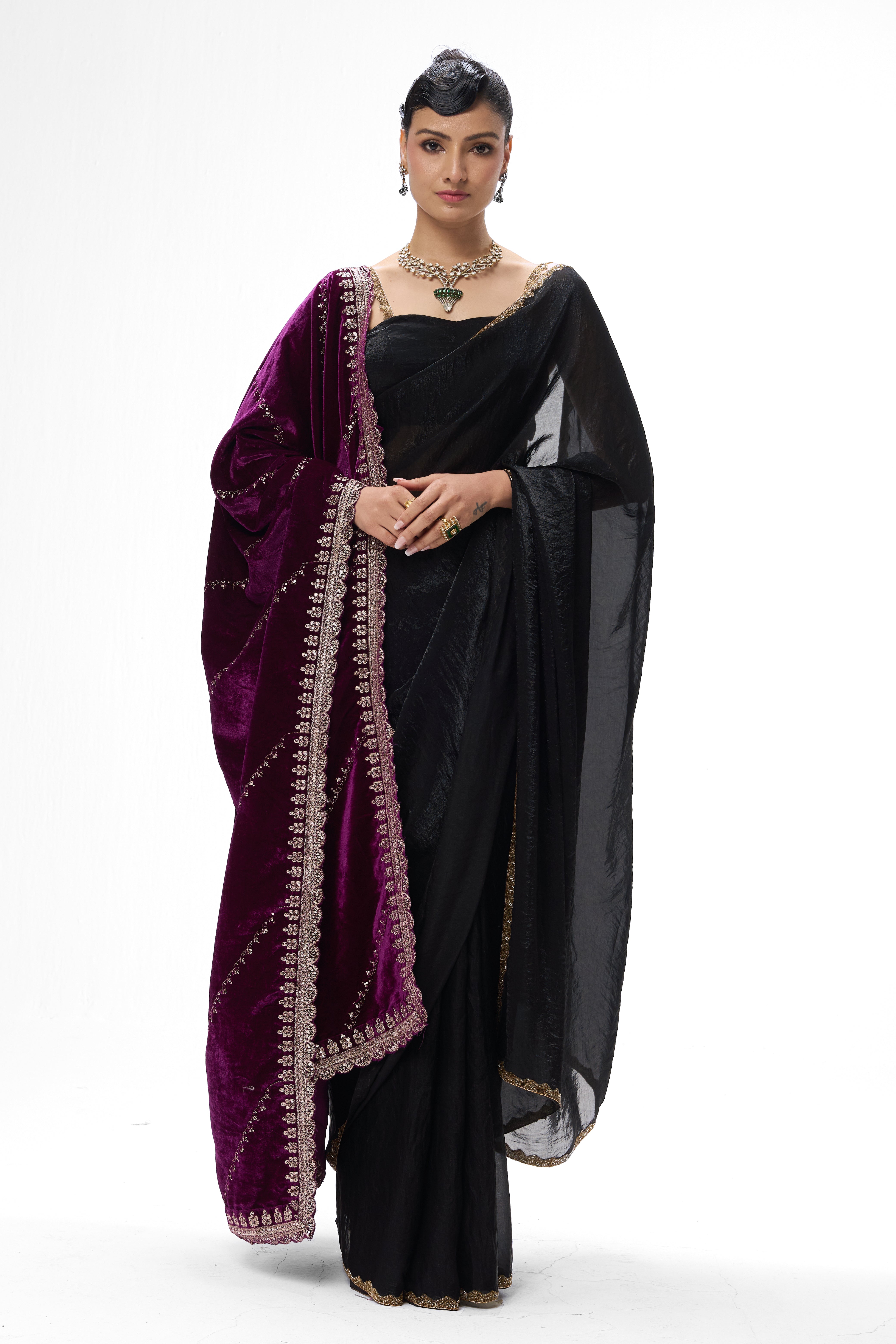 Diagonal Stripe Purple Embroidered Velvet Shawl