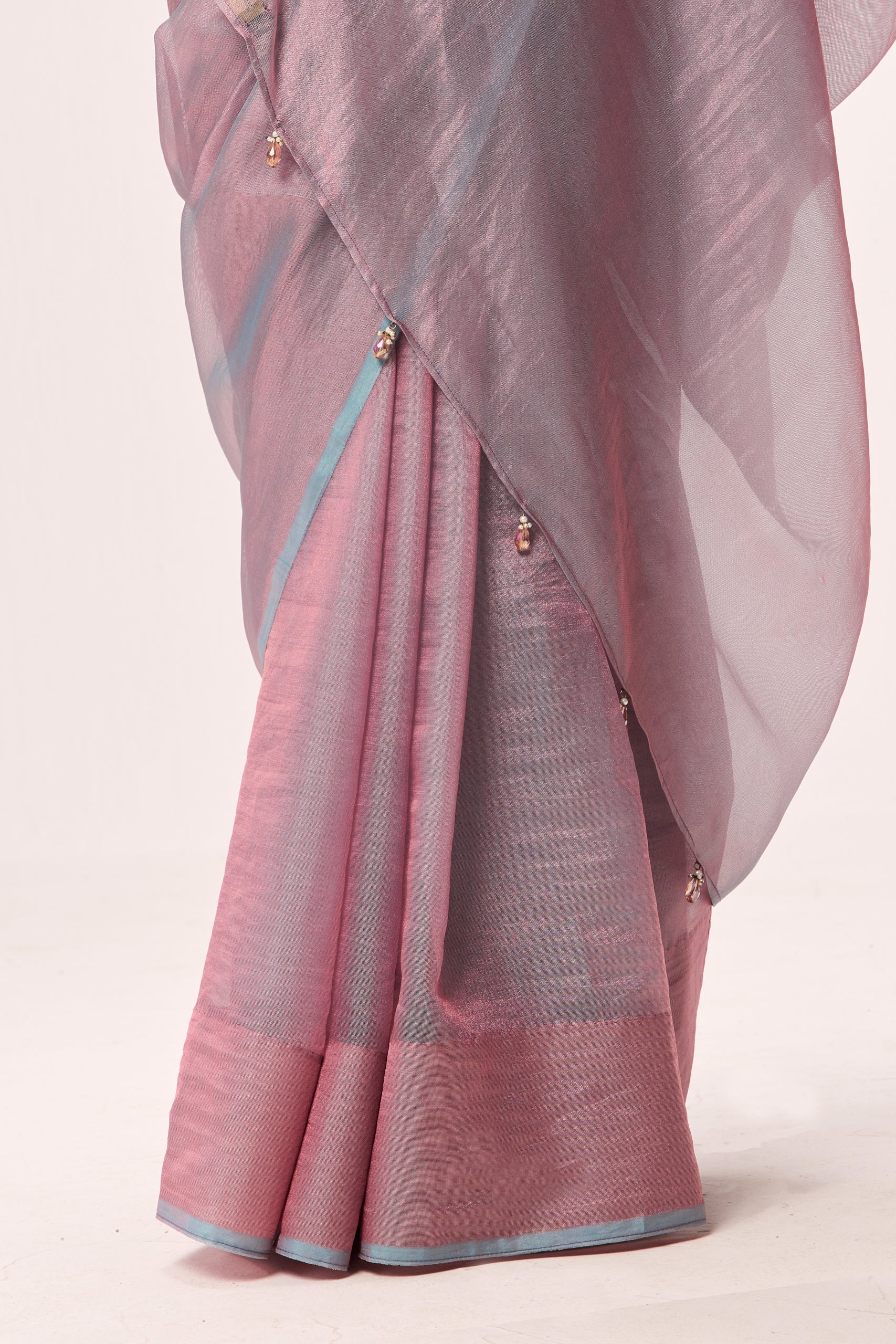 Light Blue Pink Textured Chiffon Saree with Pink Jacquard Collar  Readymade Blouse