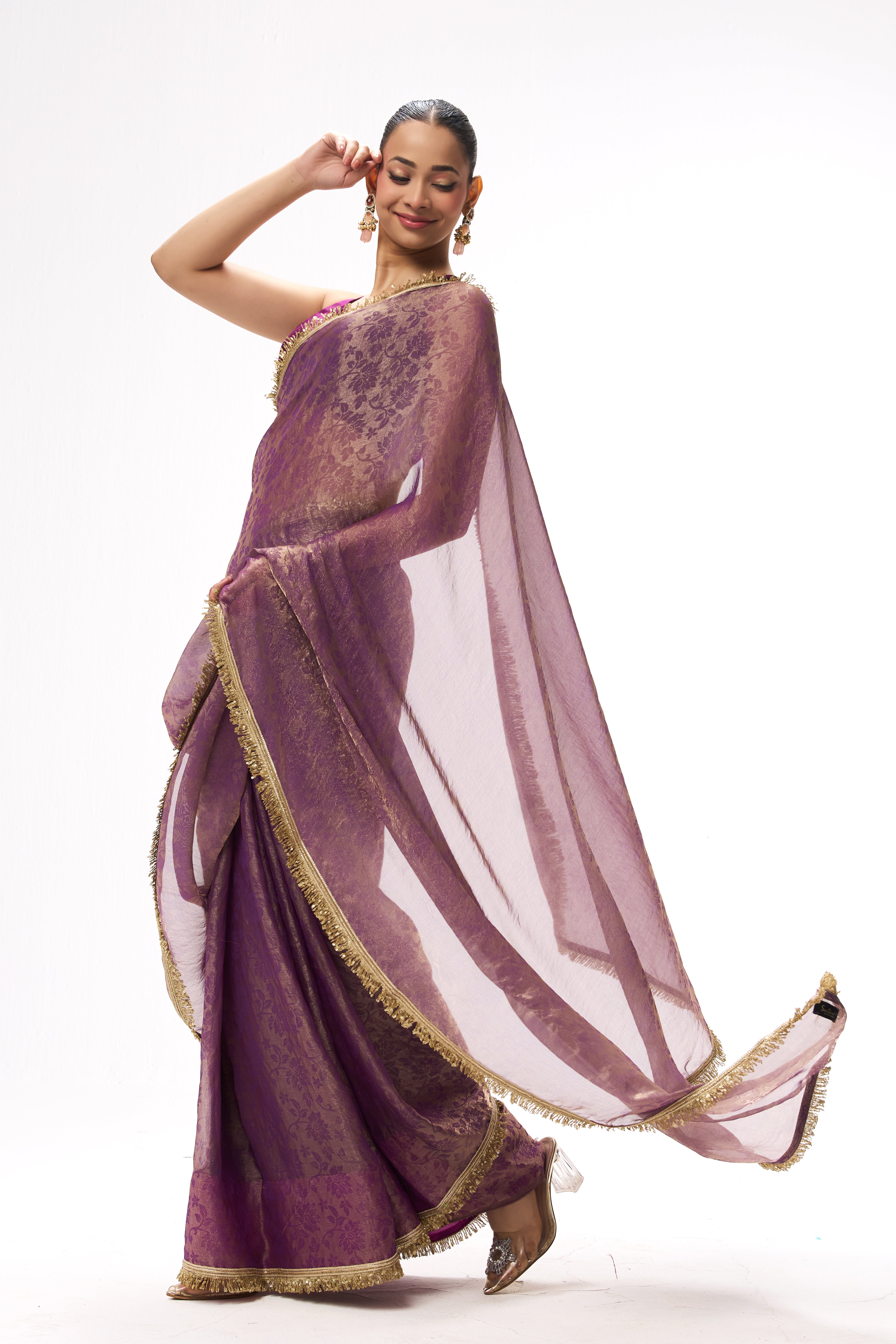 Purple Gold Q'la Chiffon Saree with Lace and Plush Blouse Fabric