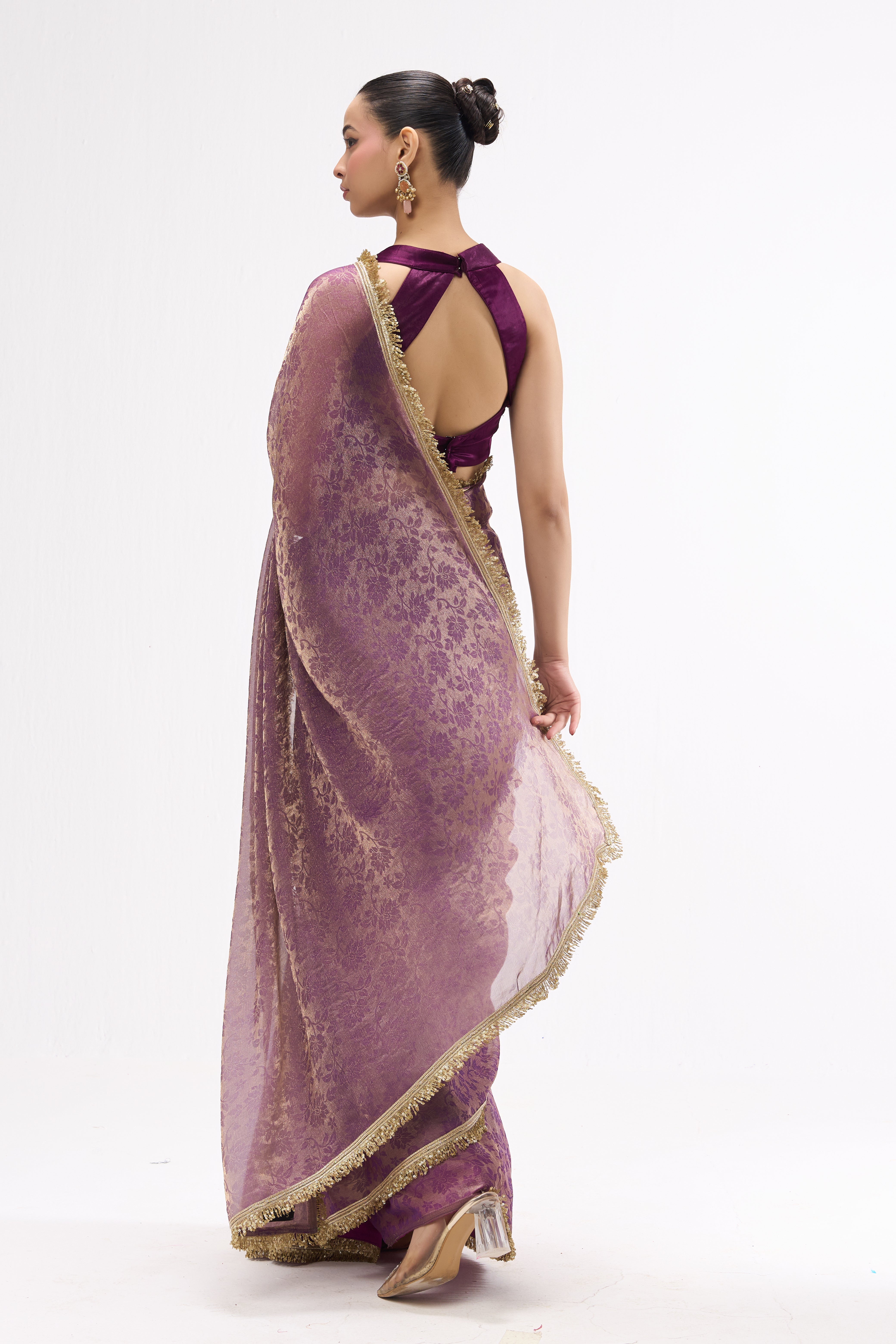 Purple Gold Q'la Chiffon Saree with Lace and Plush Blouse Fabric