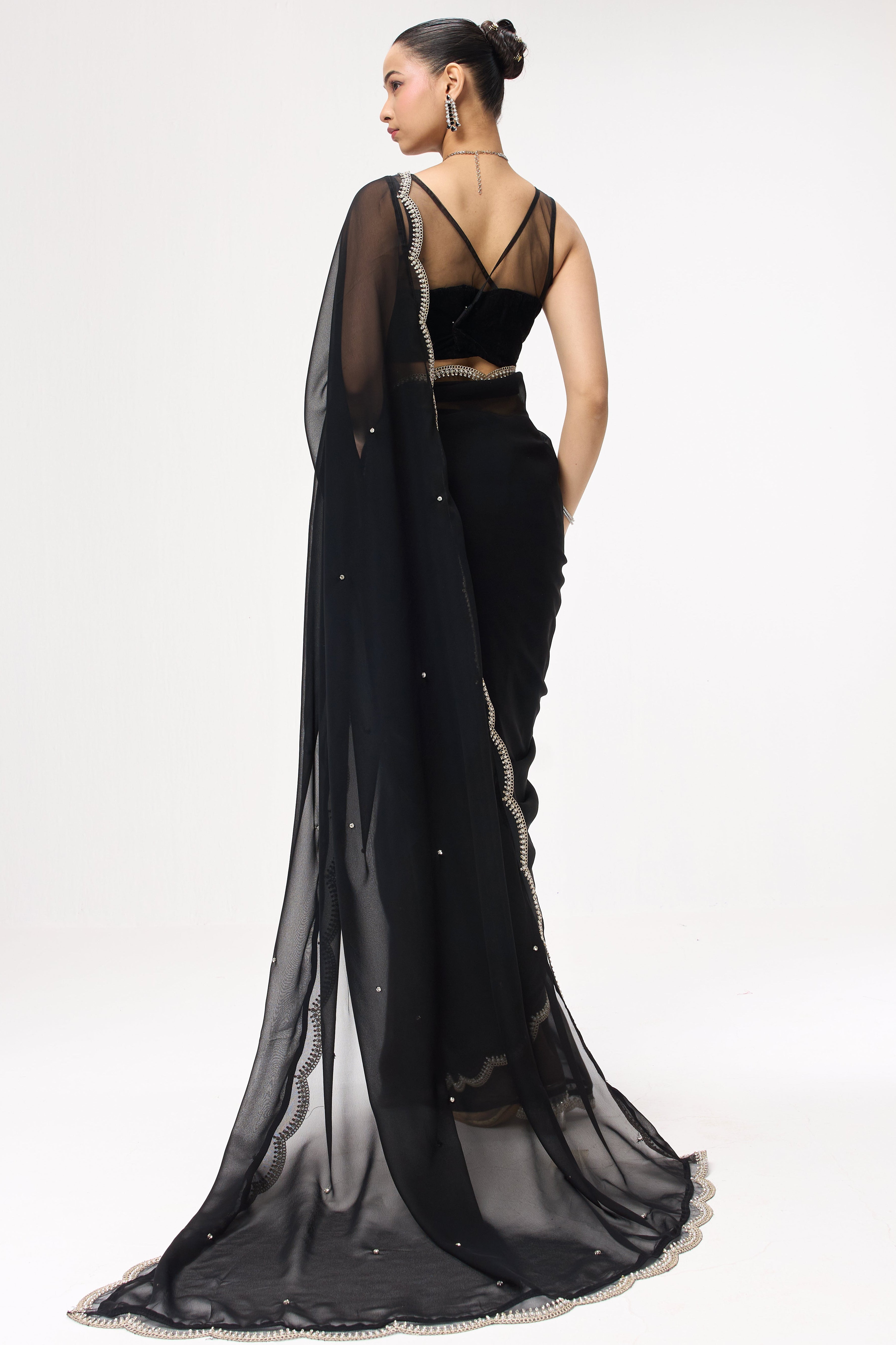 Ebony & Ivory Georgette Saree With Beaded Border and Self Fabric Blouse Fabric