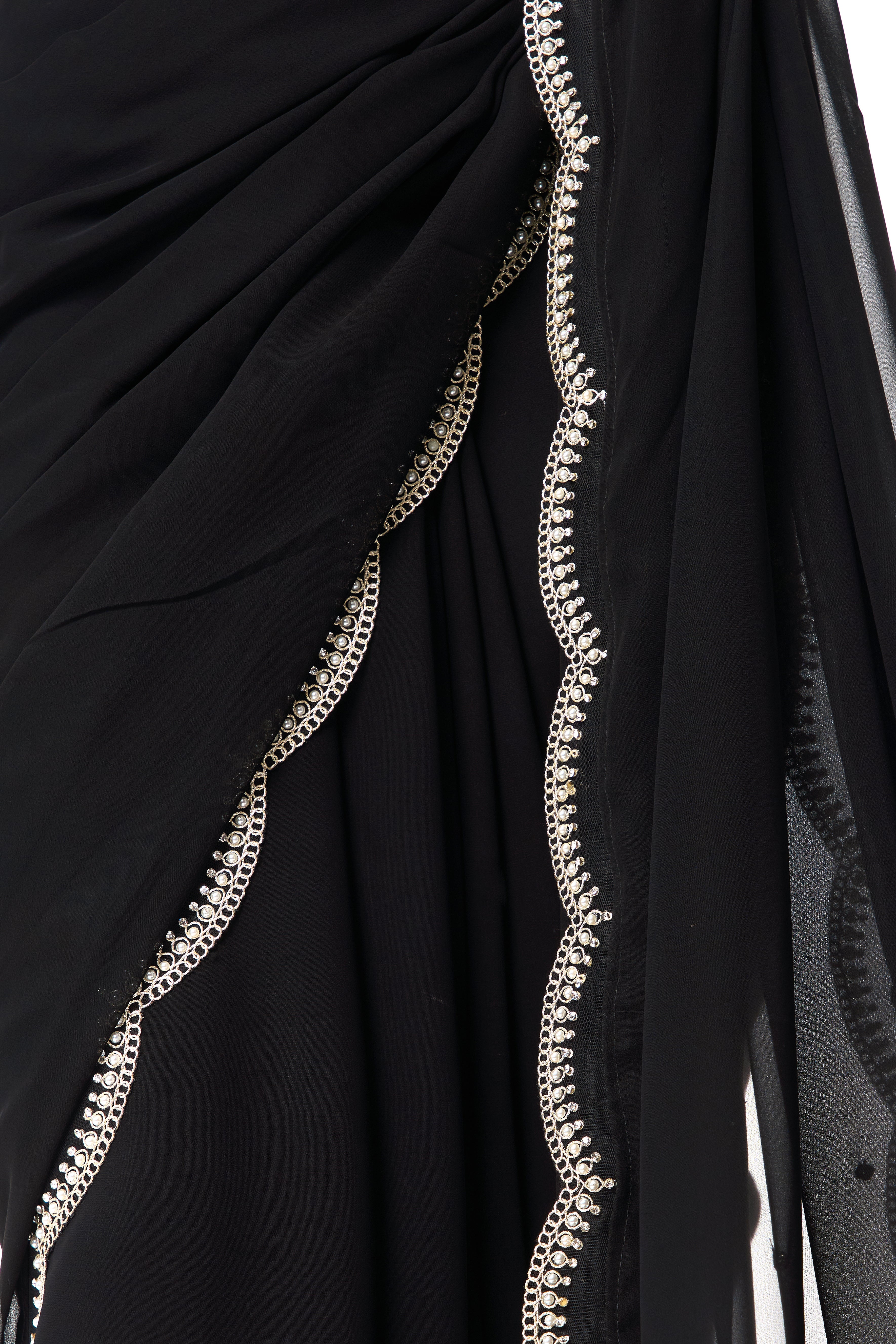 Ebony & Ivory Georgette Saree With Beaded Border and Self Fabric Blouse Fabric