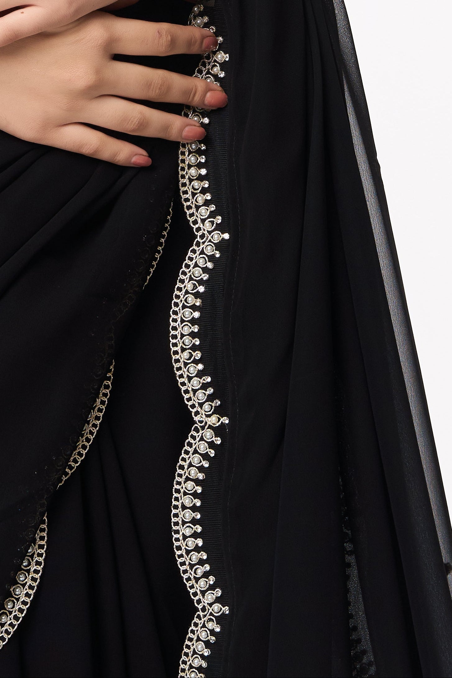 Ebony & Ivory Georgette Saree With Beaded Border and Self Fabric Blouse Fabric