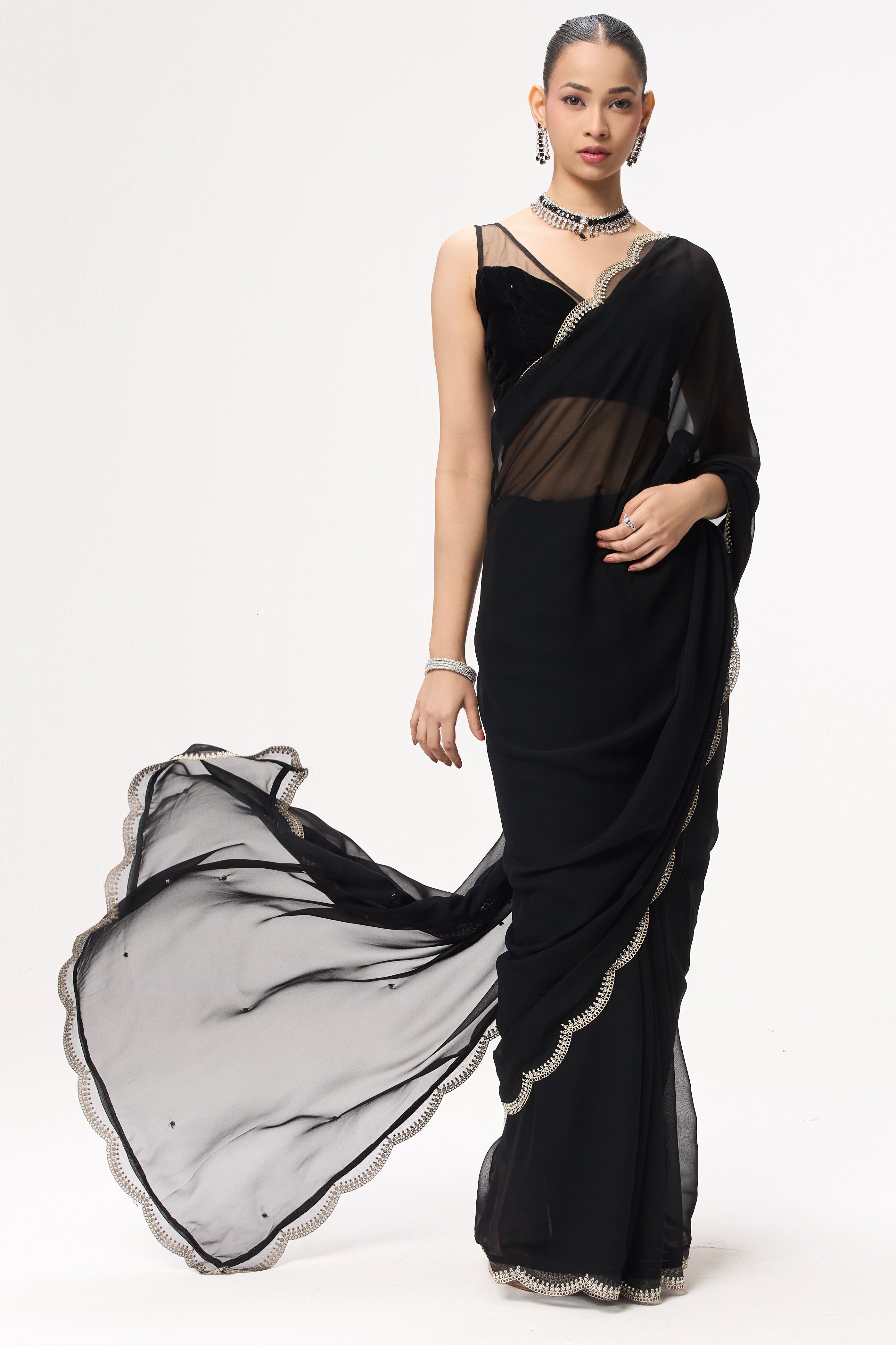 Ebony & Ivory Georgette Saree With Beaded Border and Self Fabric Blouse Fabric