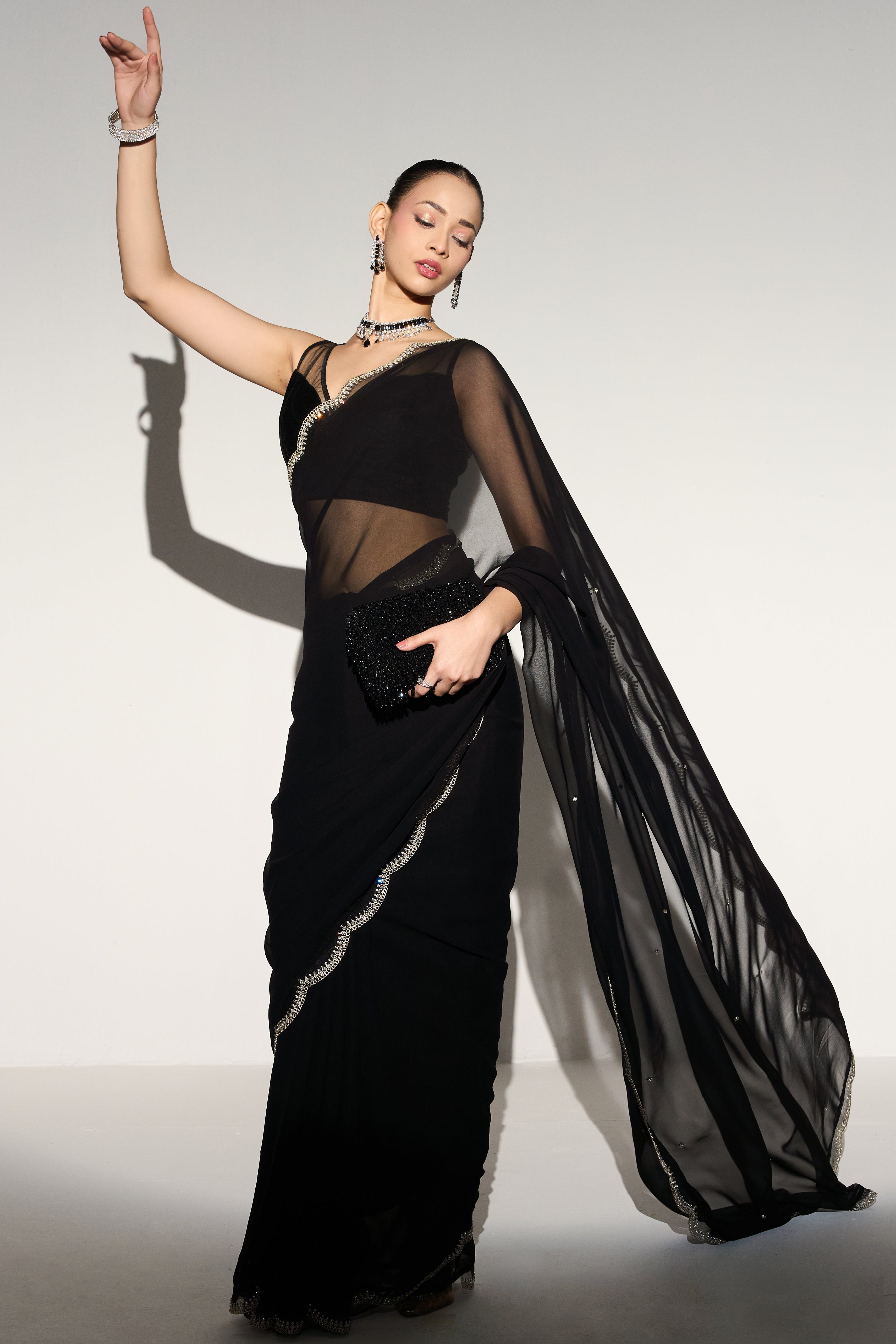 Ebony & Ivory Georgette Saree With Beaded Border and Self Fabric Blouse Fabric