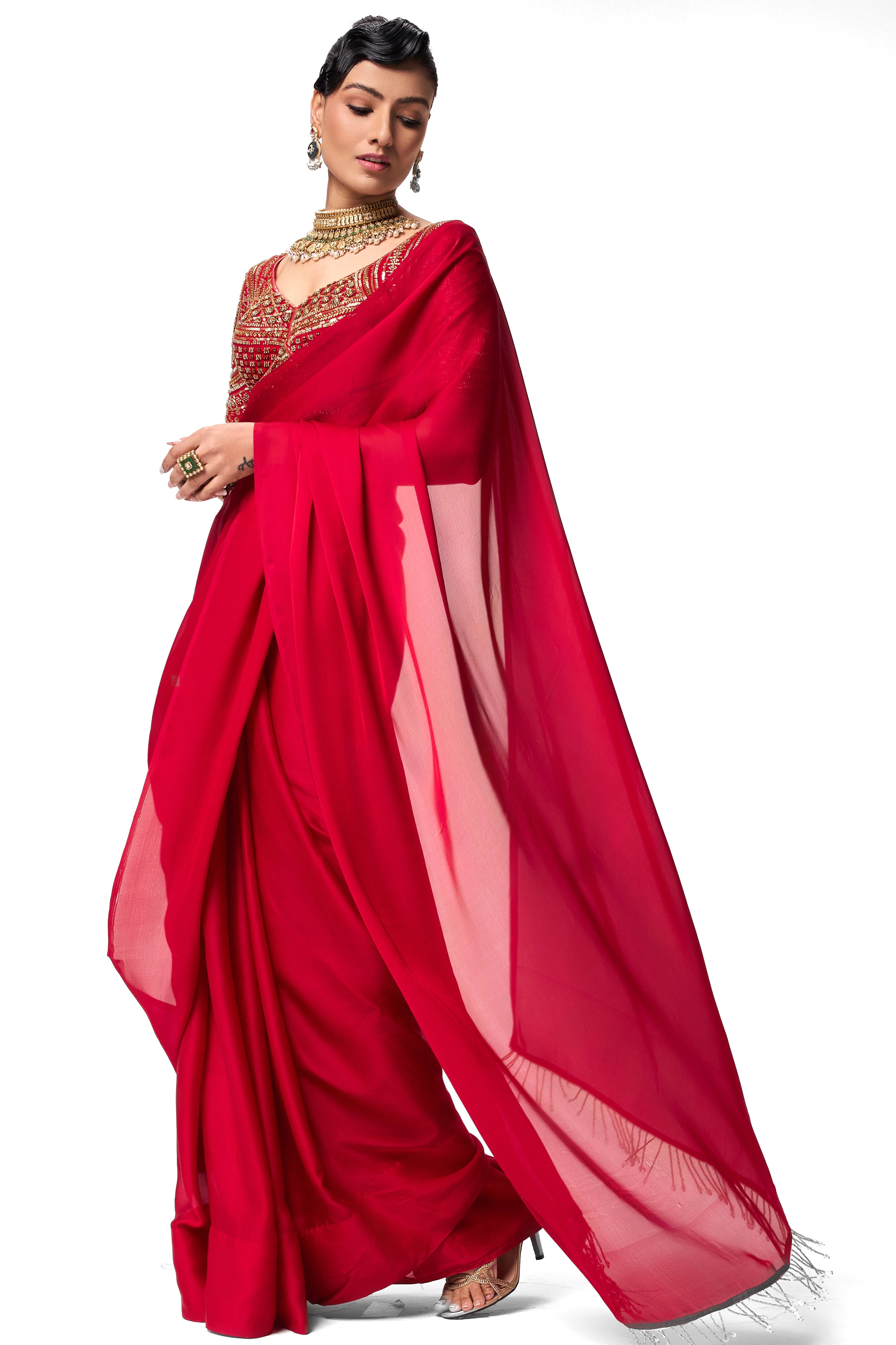 Red Satin Saree with Lace and Self Blouse Fabric
