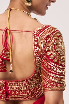 Red Hand Embroidered Cut Dana Sabya Blouse – Free-Size Adjustable 32–40 inches | Couture Designer Blouse