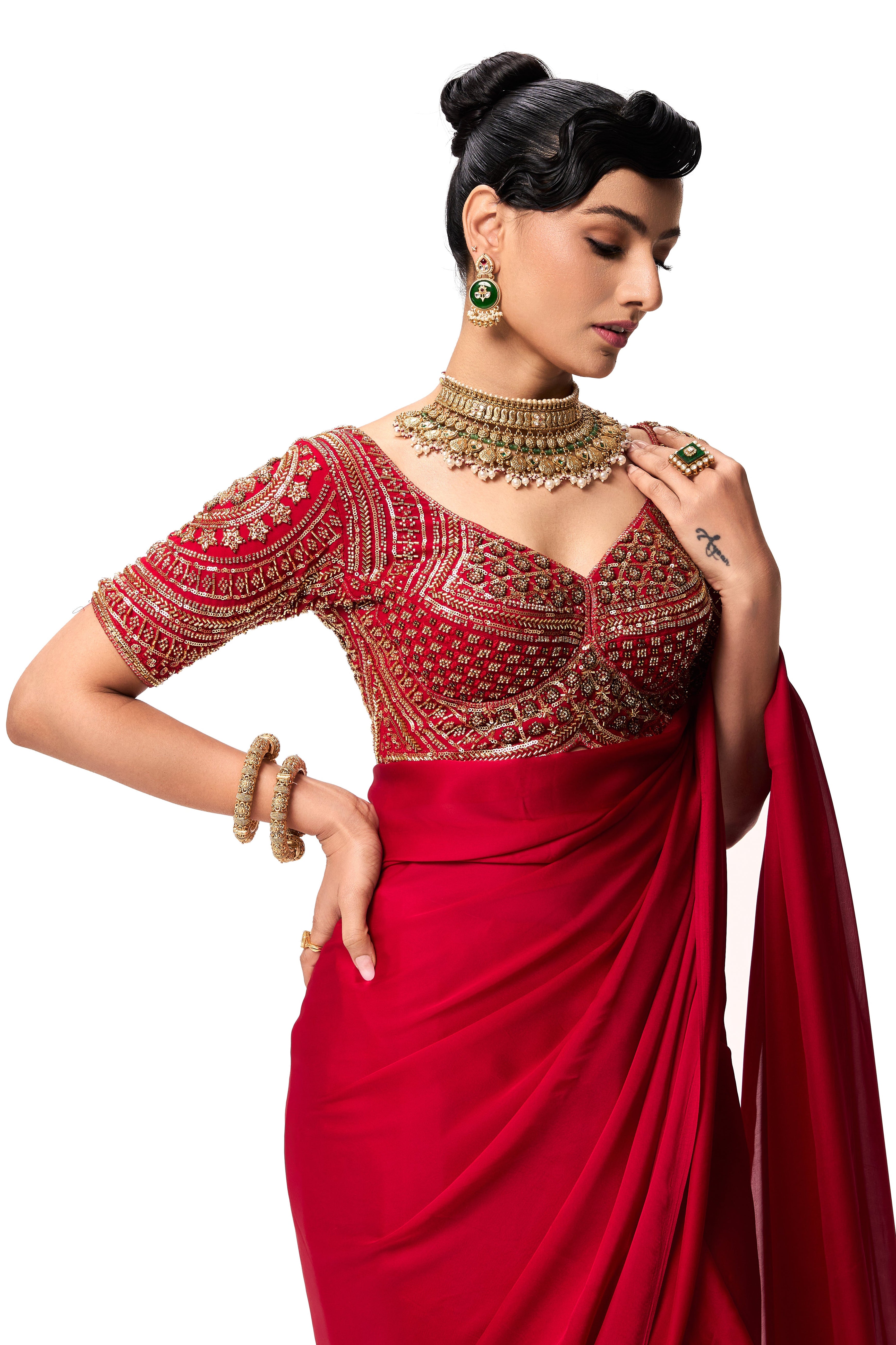 Red Hand Embroidered Cut Dana Sabya Blouse – Free-Size Adjustable 32–40 inches | Couture Designer Blouse