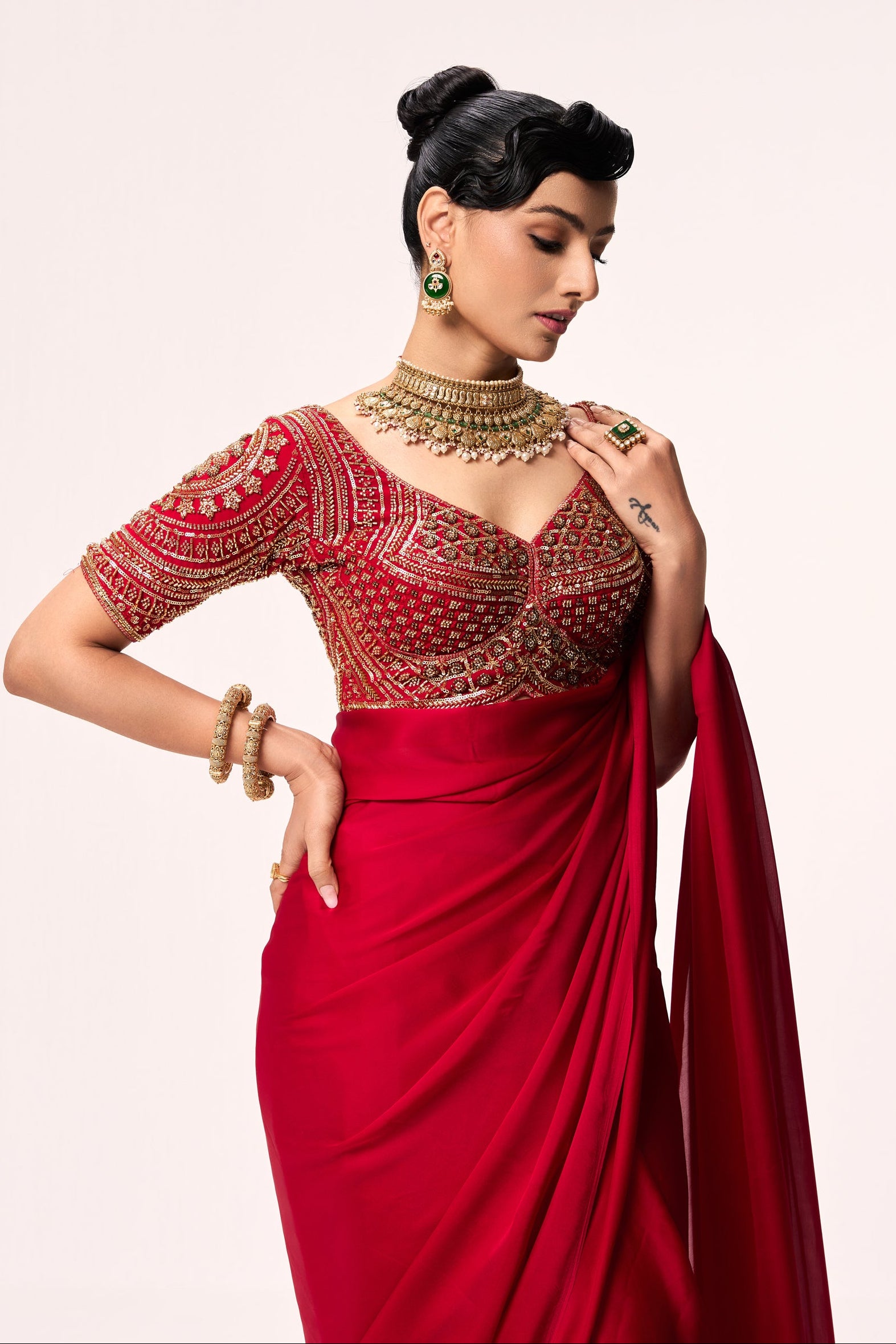 Red Hand Embroidered Cut Dana Sabya Blouse – Free-Size Adjustable 32–40 inches | Couture Designer Blouse