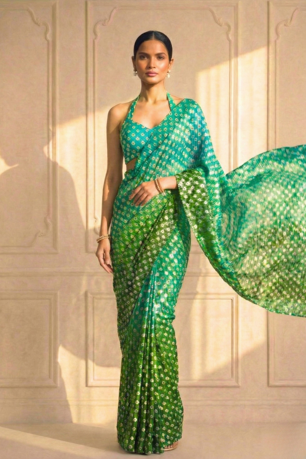 Sunrise Blue Green Ombre' Knitted Printed Sequin Saree with Blouse Fabric