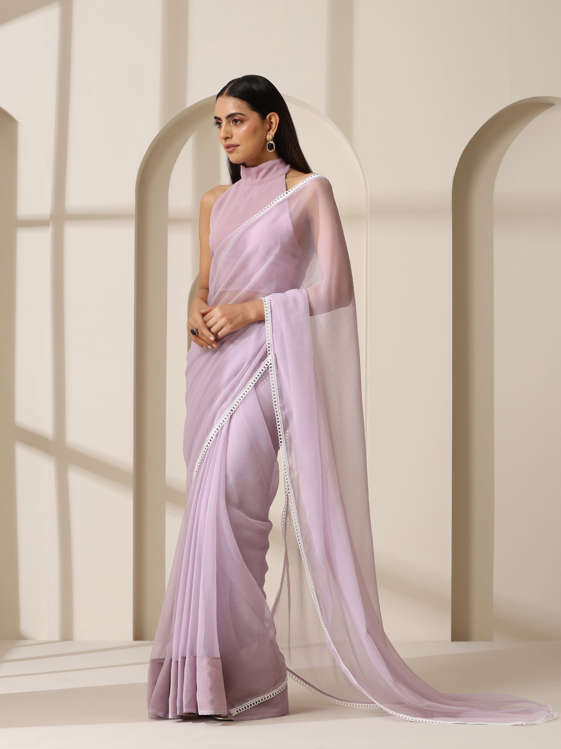 Lavender Chiffon Saree with Lace and Self Fabric Blouse