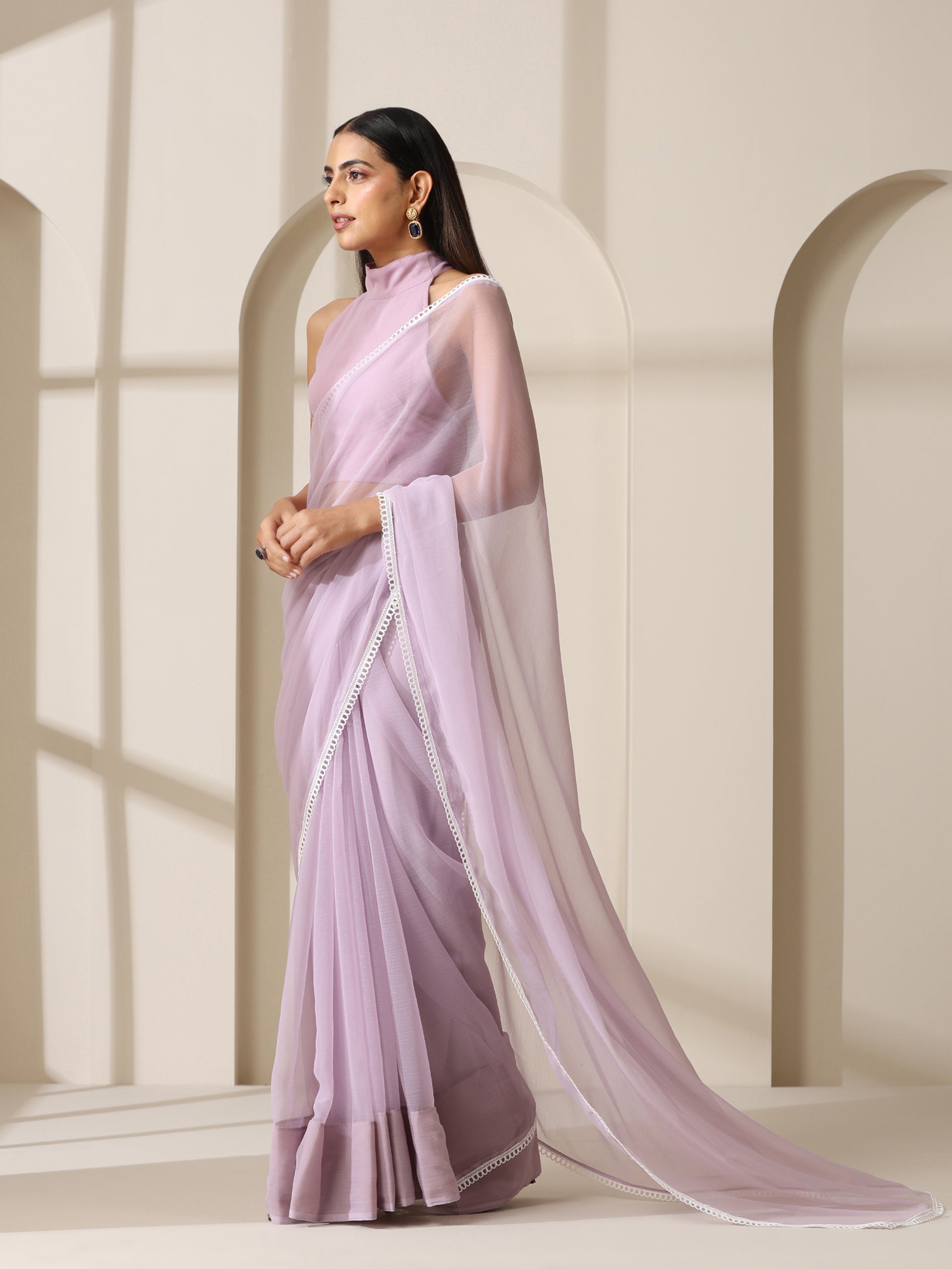 Lavender Chiffon Saree with Lace and Self Fabric Blouse
