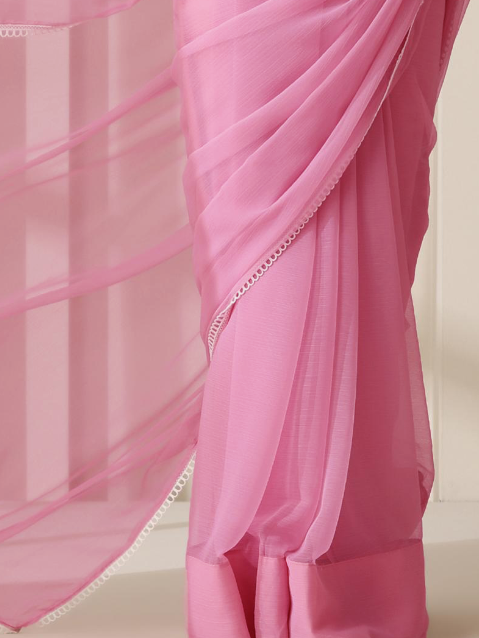 Smoky Pink Chiffon Saree with Lace and Self Fabric Blouse