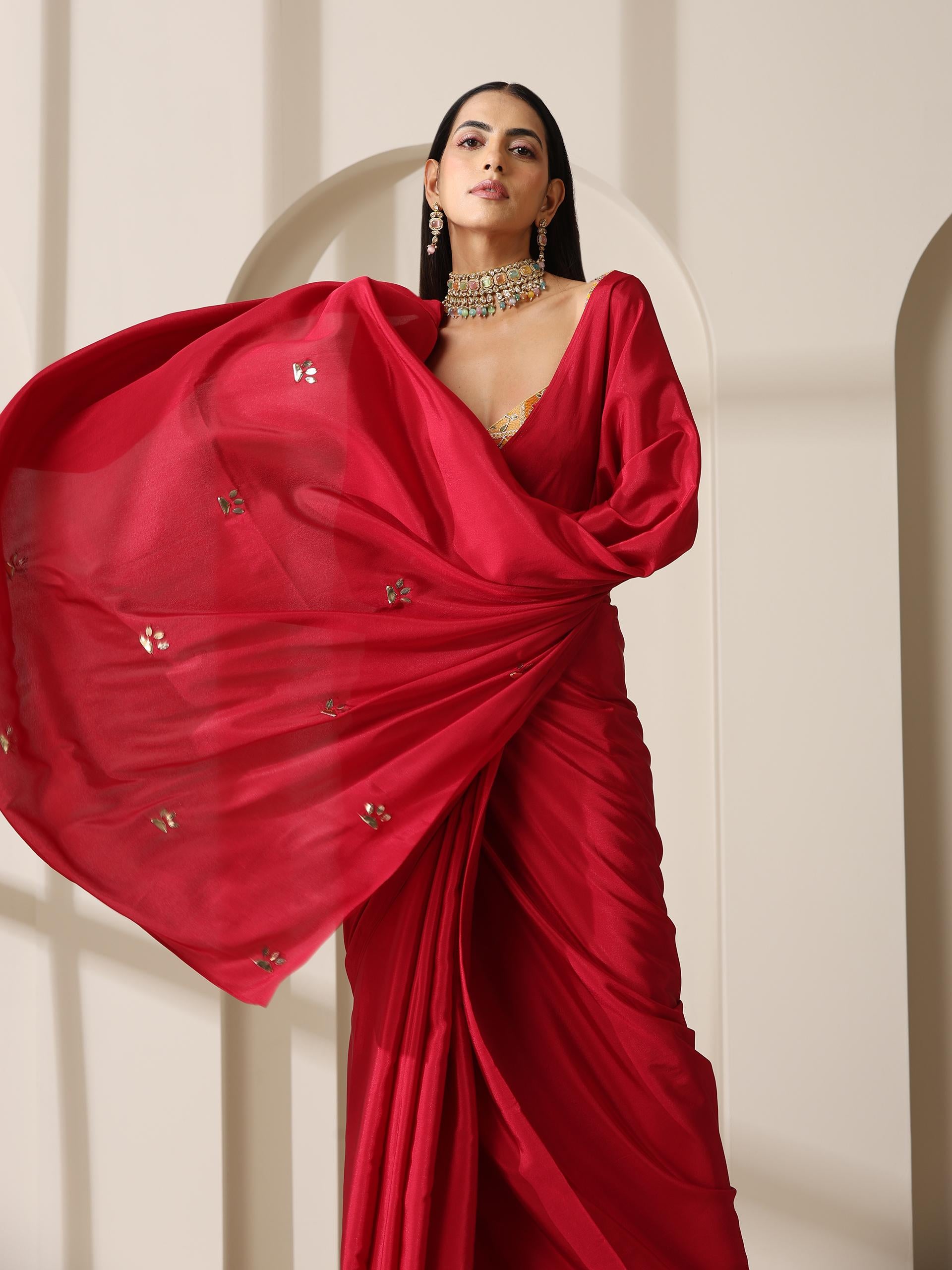 Red Crepe Saree with Beads on Pallu and Self Blouse Fabric