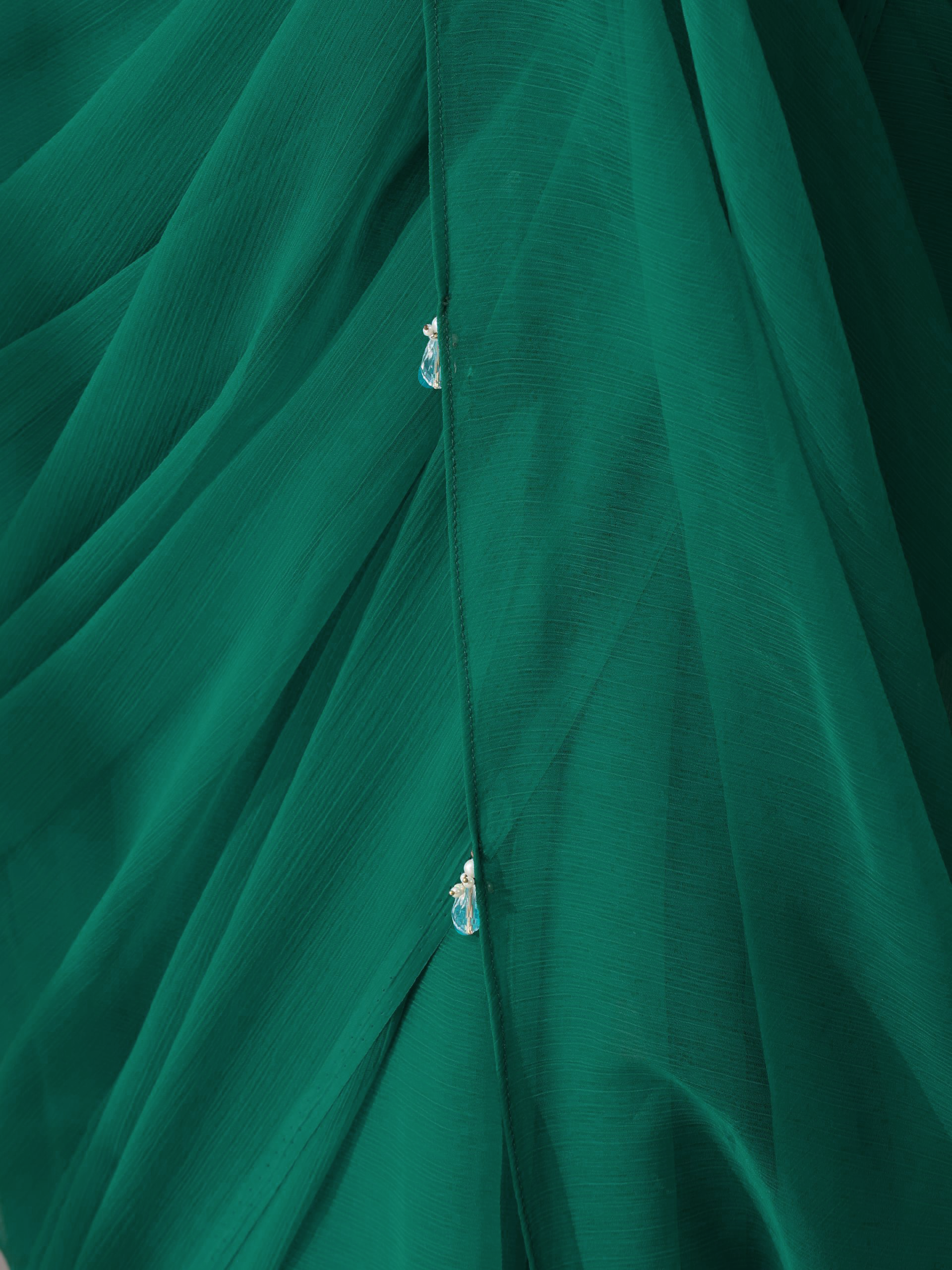 Vivid Sea Green Chiffon Saree with Self Blouse Fabric