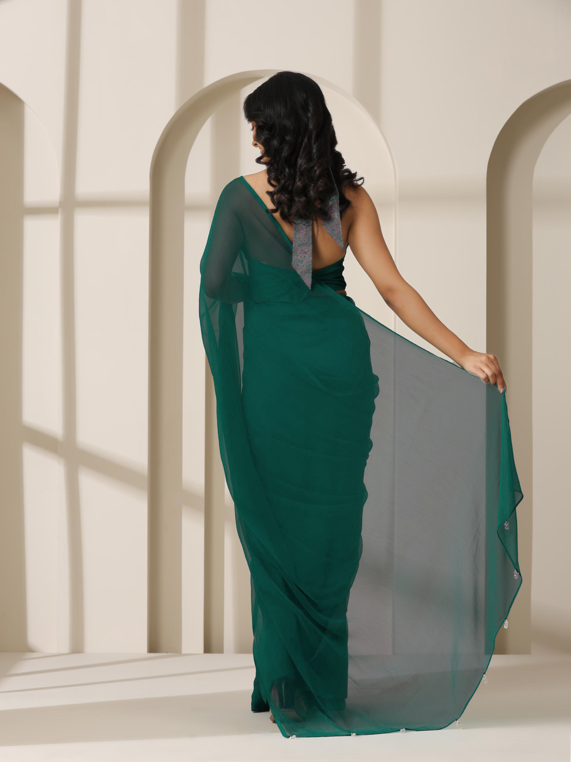 Vivid Sea Green Chiffon Saree with Self Blouse Fabric