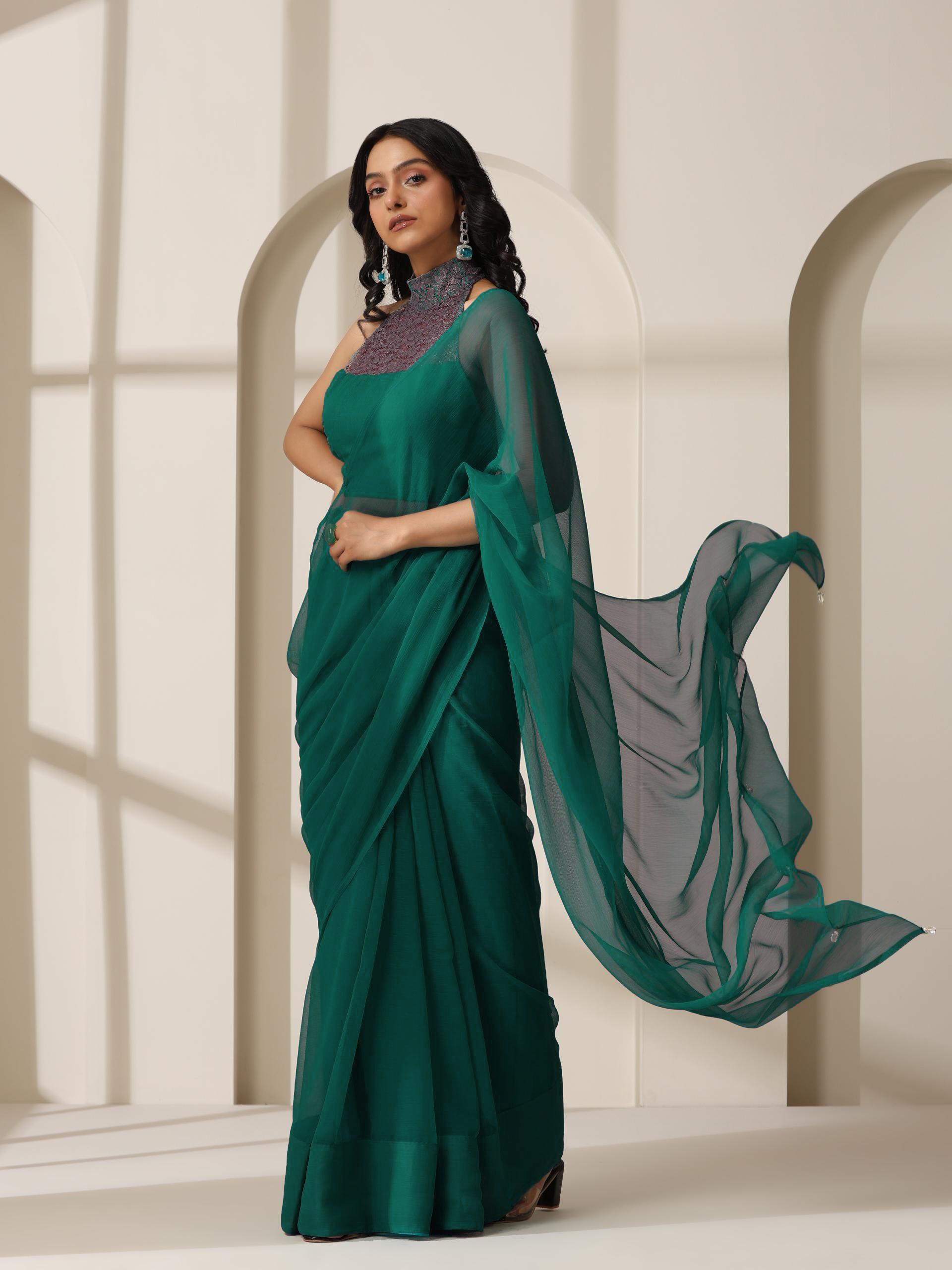 Vivid Sea Green Chiffon Saree with Self Blouse Fabric