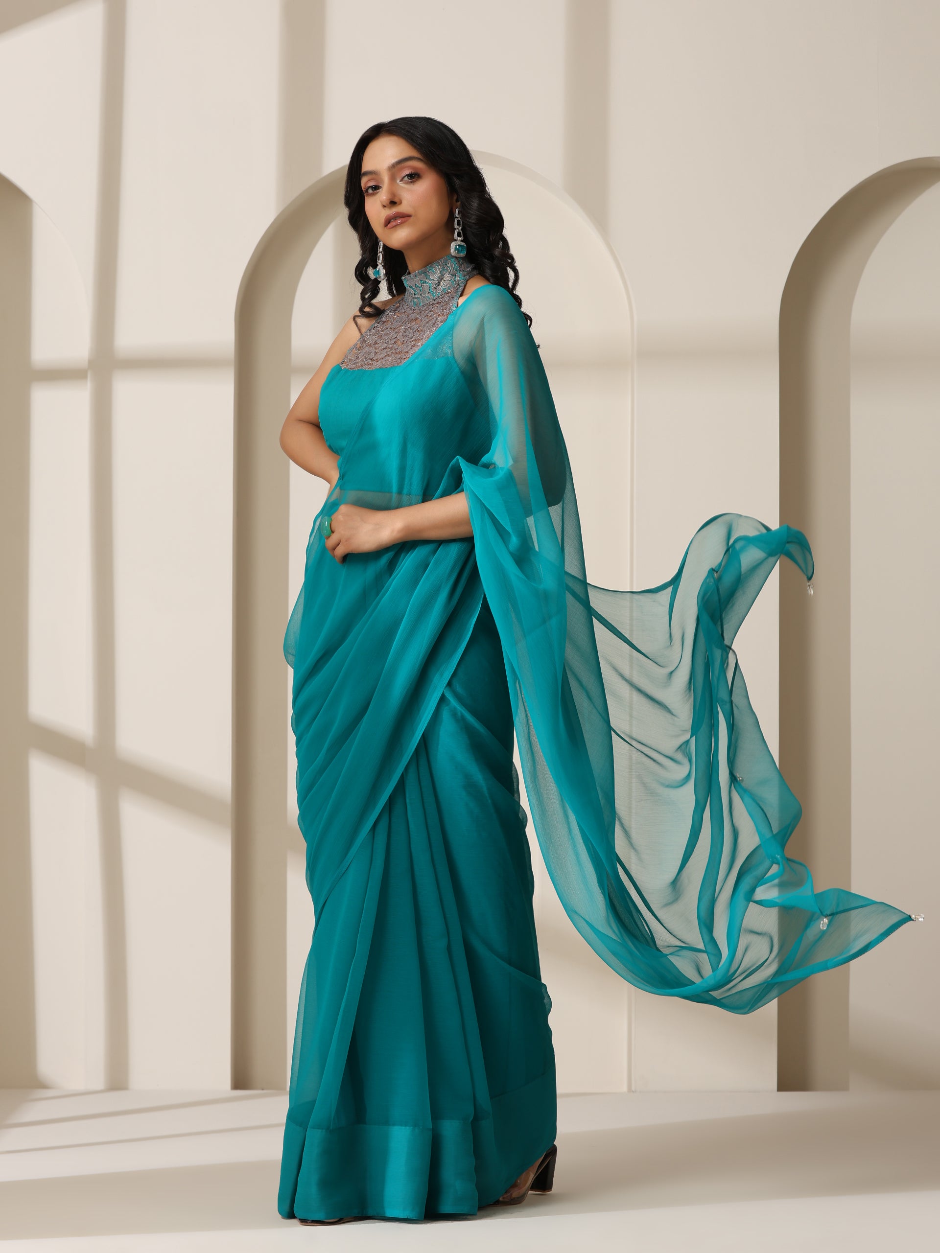 Vivid Sea Green Chiffon Saree with Self Blouse Fabric