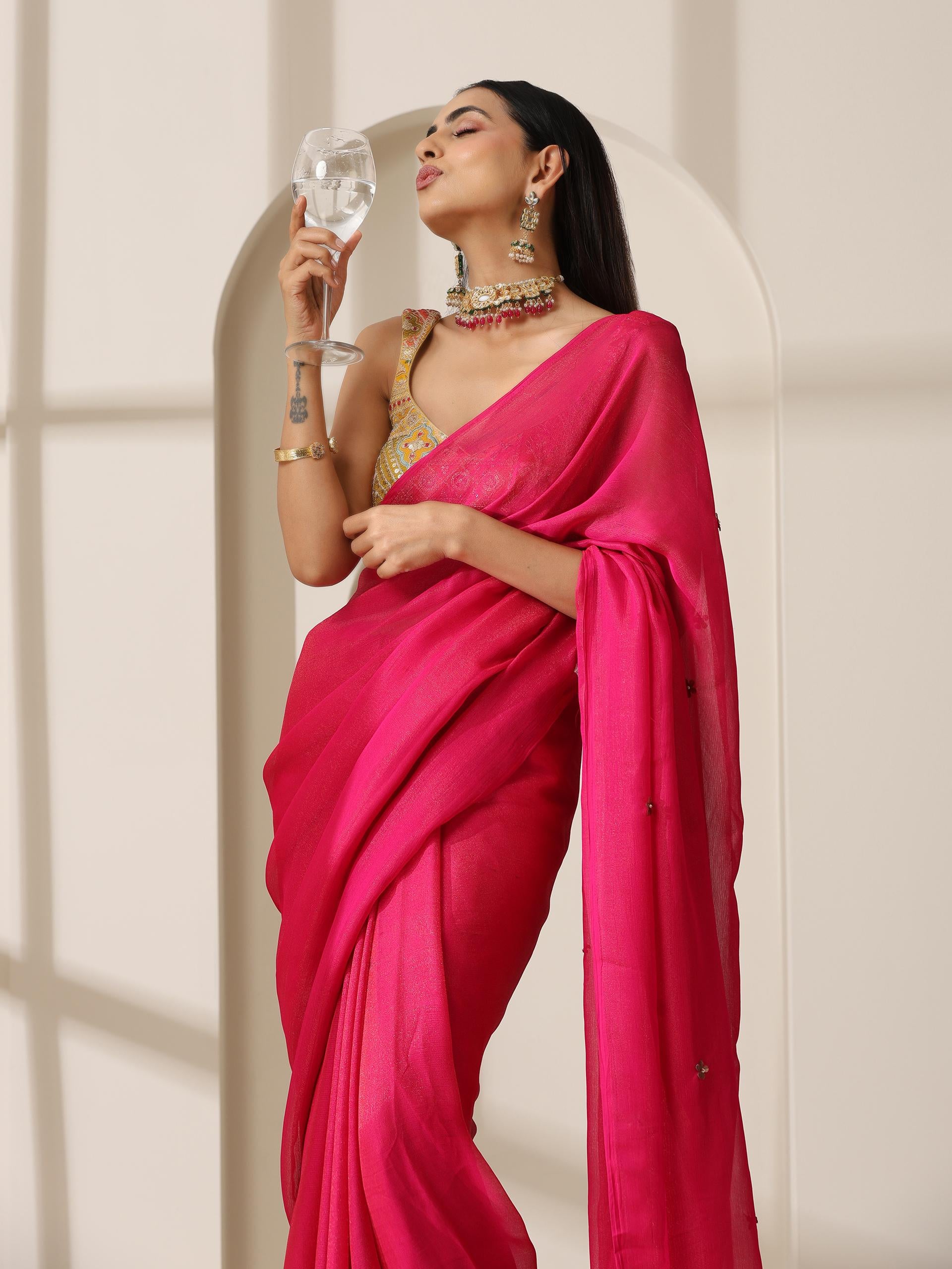 Fuchsia Zari Chiffon Saree with Self Blouse Fabric