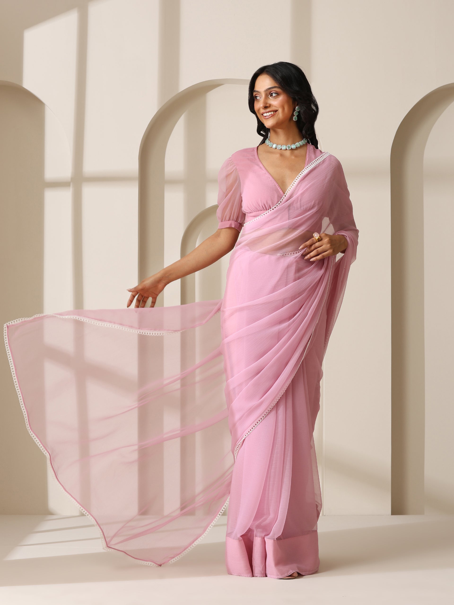 Smoky Pink Chiffon Saree with Lace and Self Fabric Blouse
