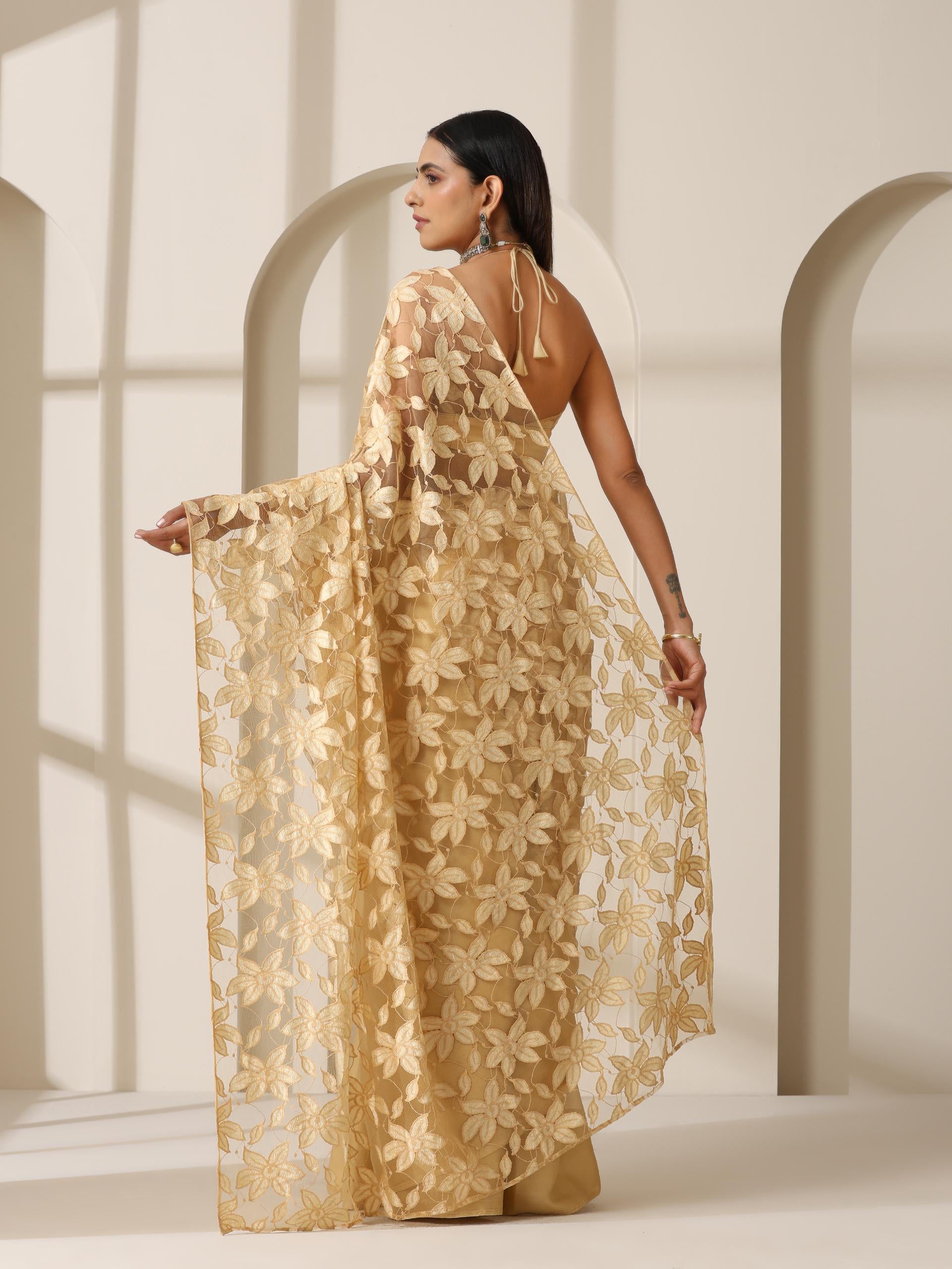 Floral Net Cream Gold Chiffon Saree with Blouse fabric