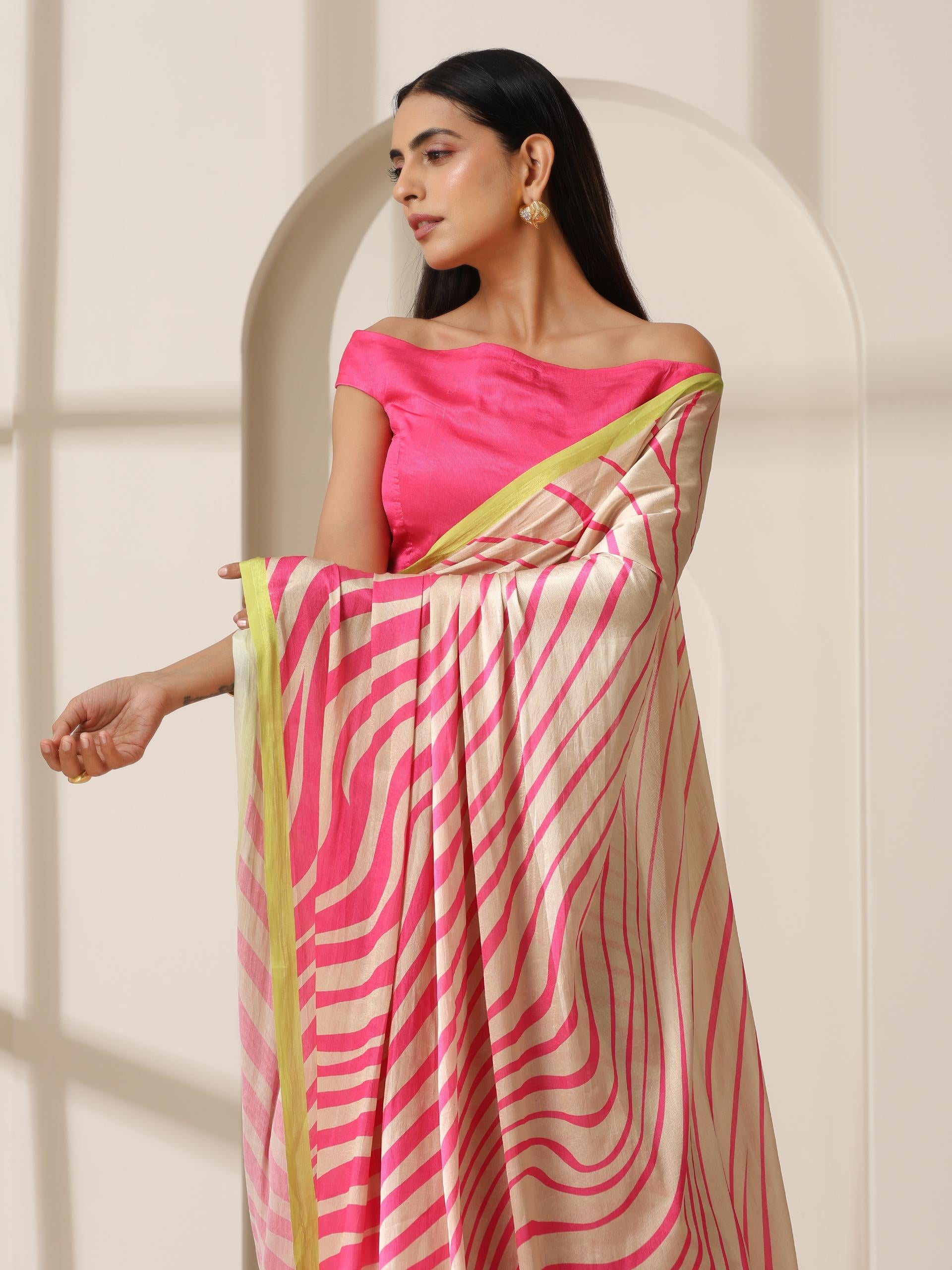 Flirty Fuchsia Waves Satin Print Saree with Neon Border & Blouse Fabric