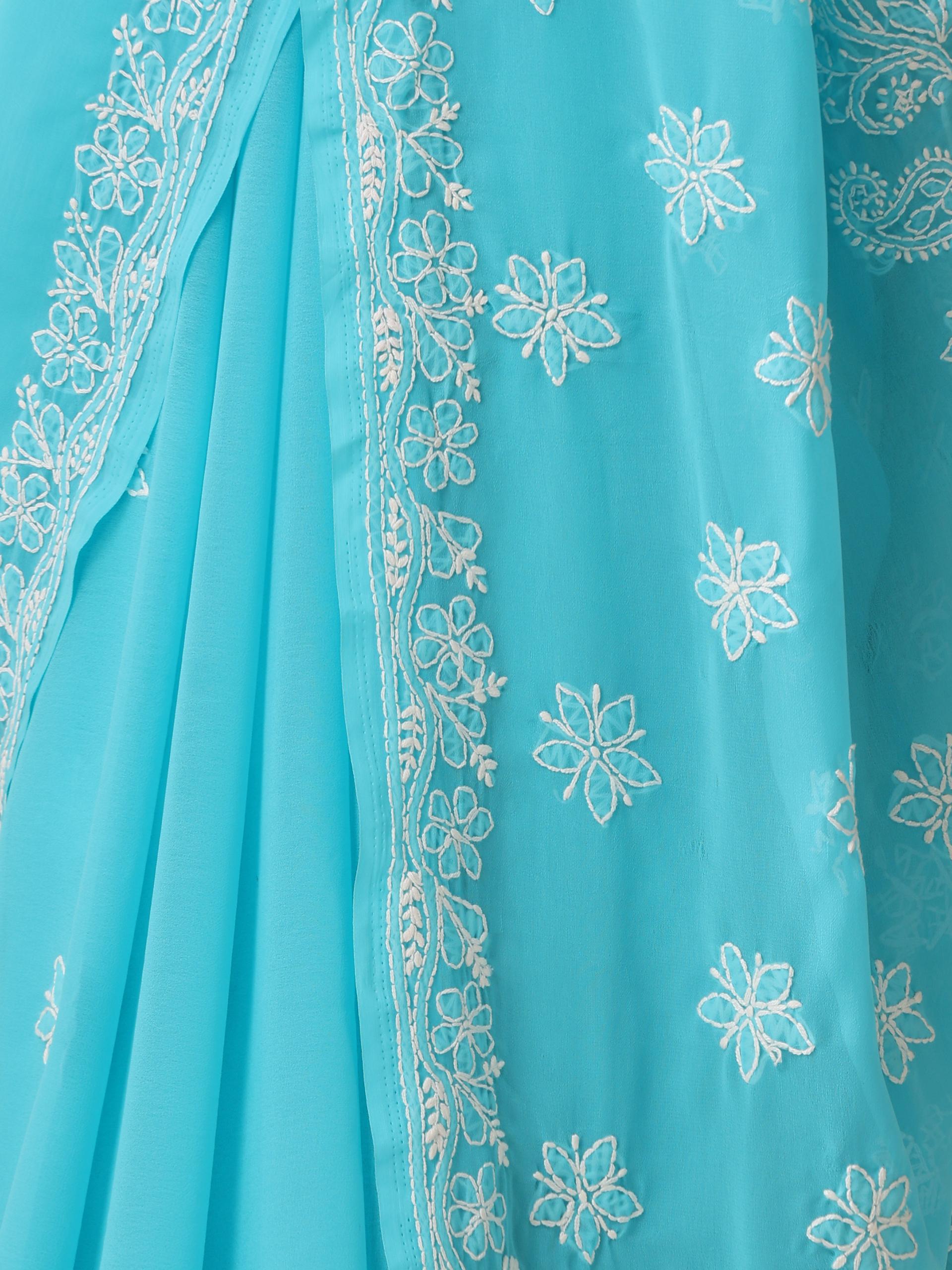 Blue Bhakhiya Hand Chikankari Saree with Blouse Fabric