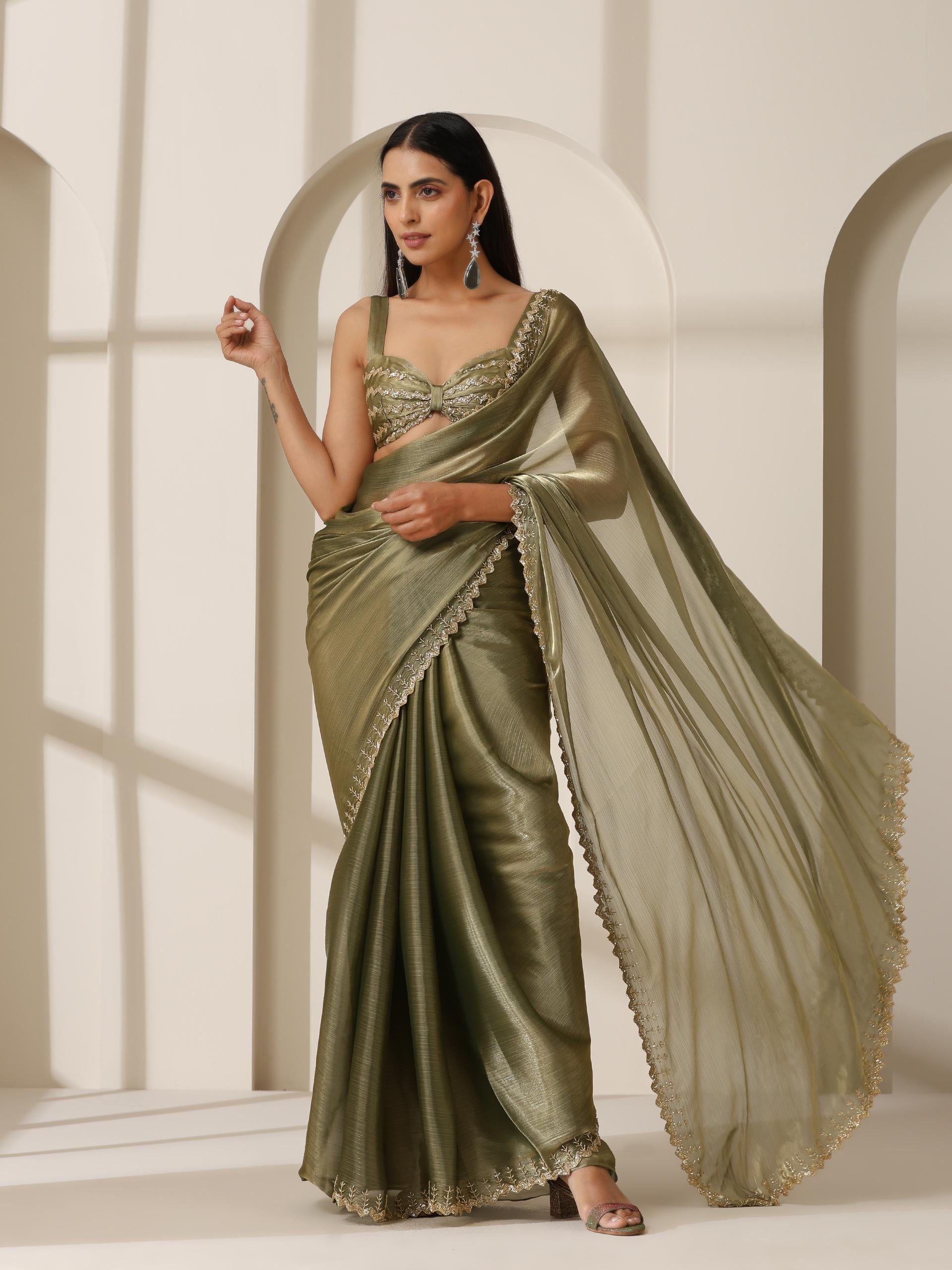 Mermaid Dream Hand Cut Dana Embroidery Green Satin Chiffon Saree with Blouse Fabric