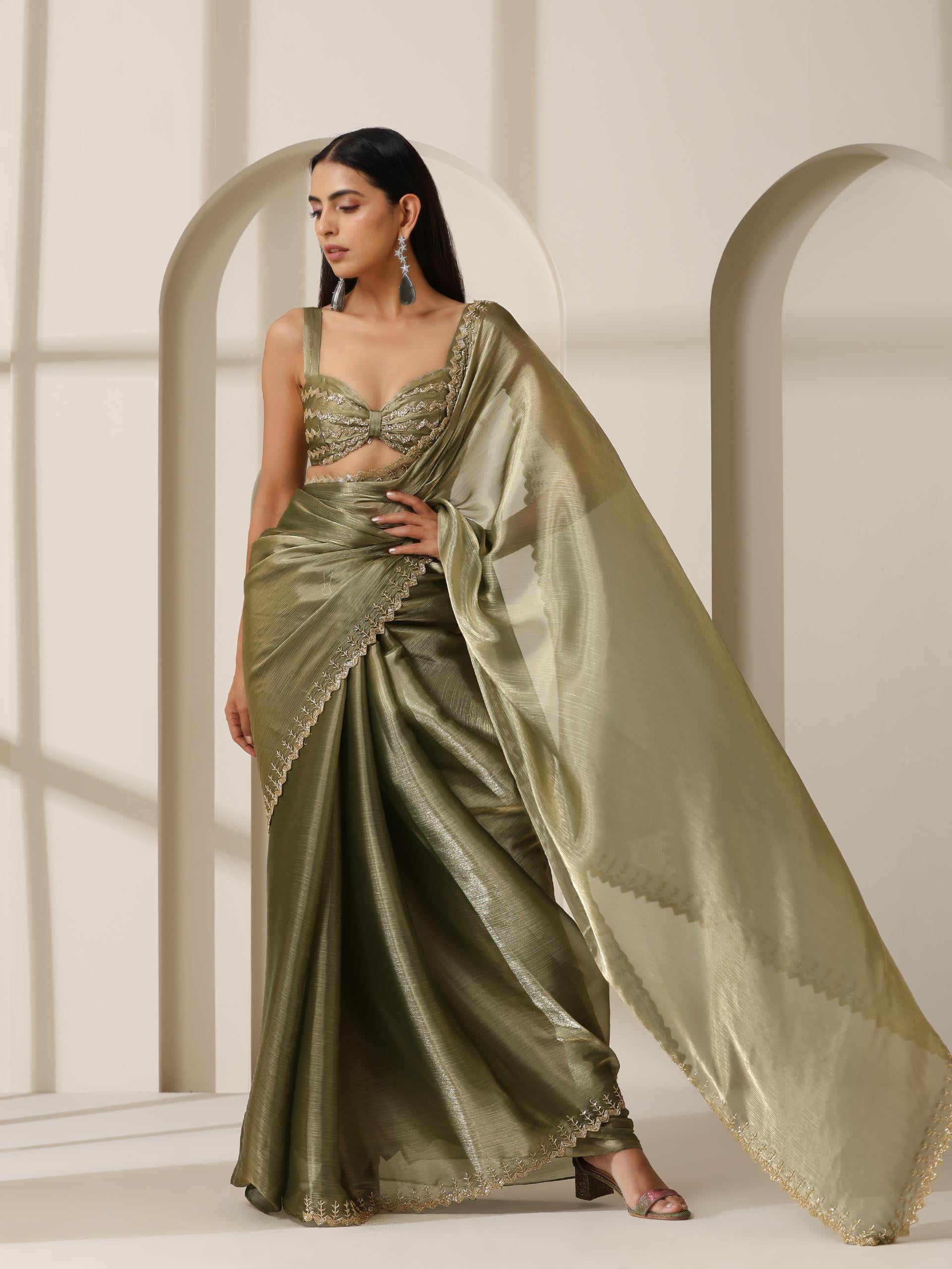 Mermaid Dream Hand Cut Dana Embroidery Green Satin Chiffon Saree with Blouse Fabric