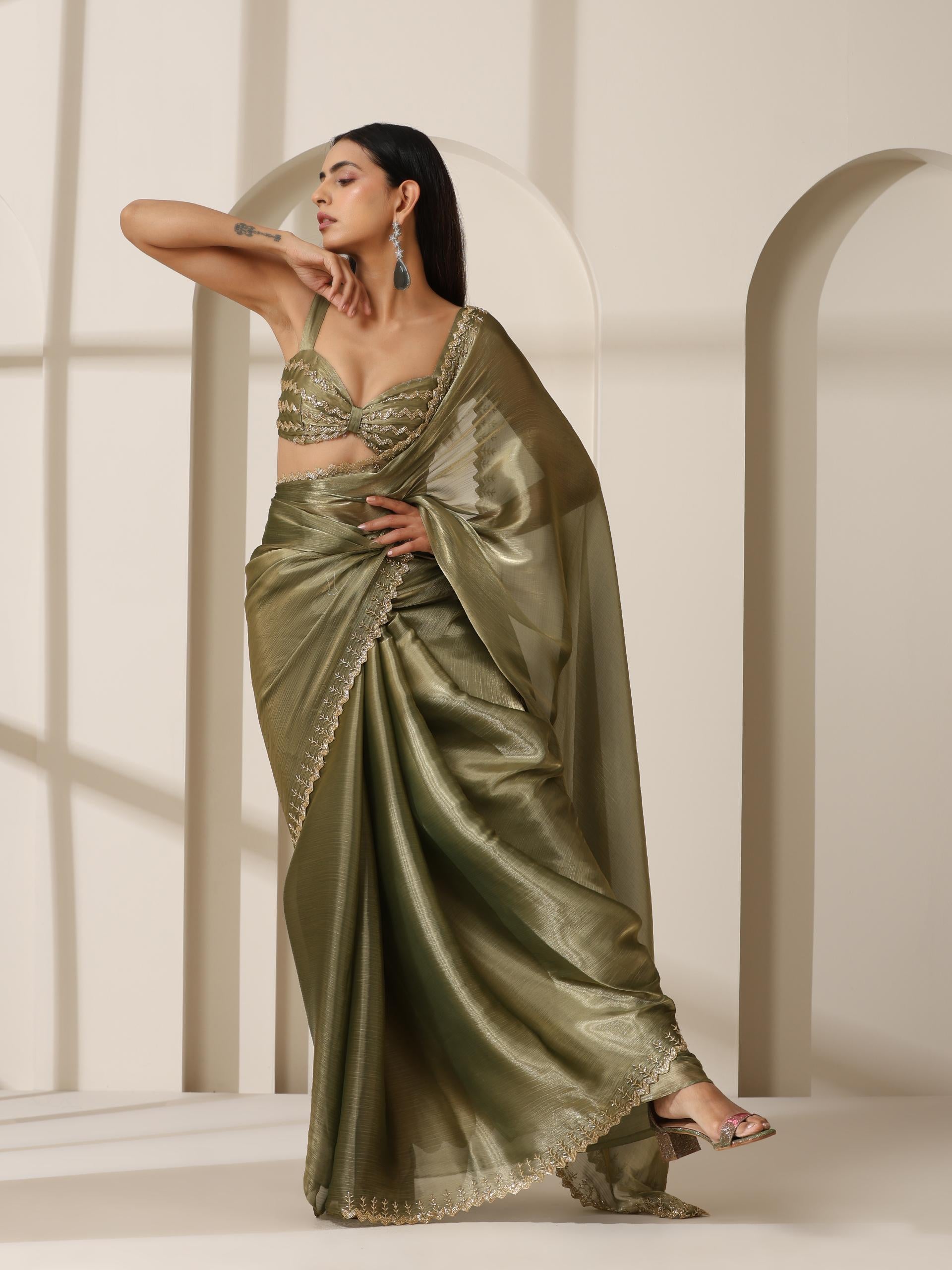 Mermaid Dream Hand Cut Dana Embroidery Green Satin Chiffon Saree with Blouse Fabric