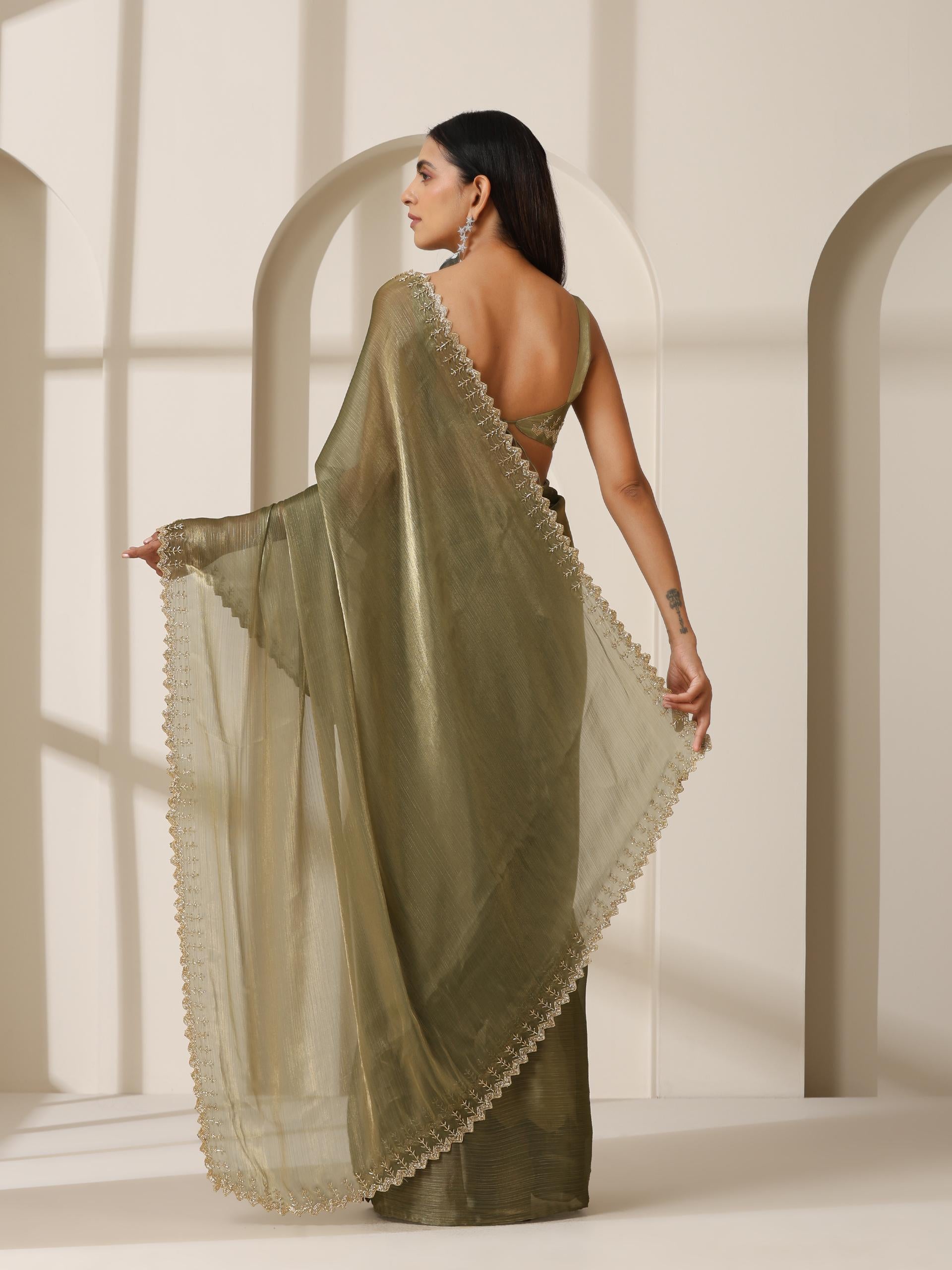 Mermaid Dream Hand Cut Dana Embroidery Green Satin Chiffon Saree with Blouse Fabric