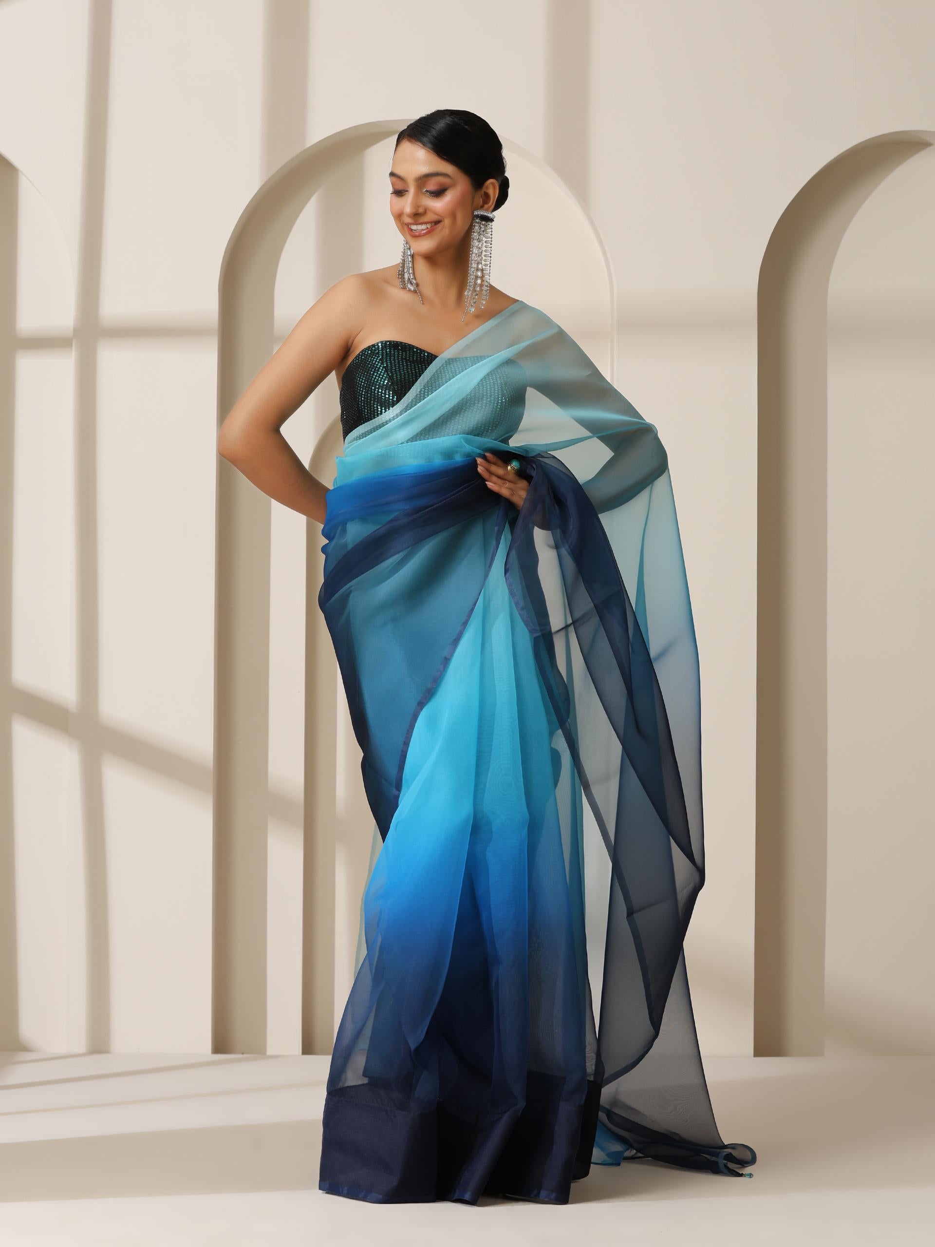 Ocean Blue Pure Organza Ombre Printed Saree