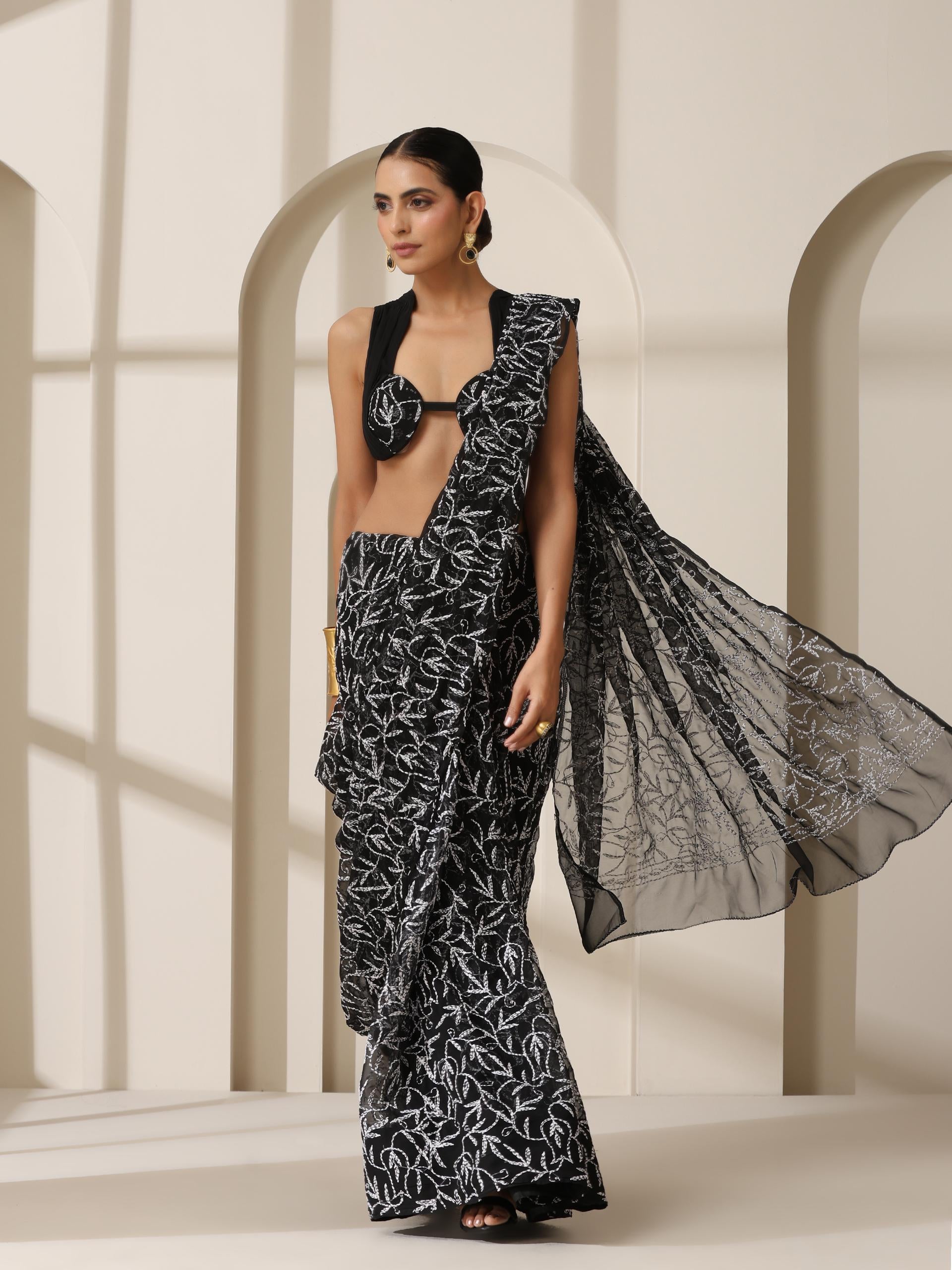 Black Tepchi Hand Chikankari Pure Georgette Saree with Blouse Fabric