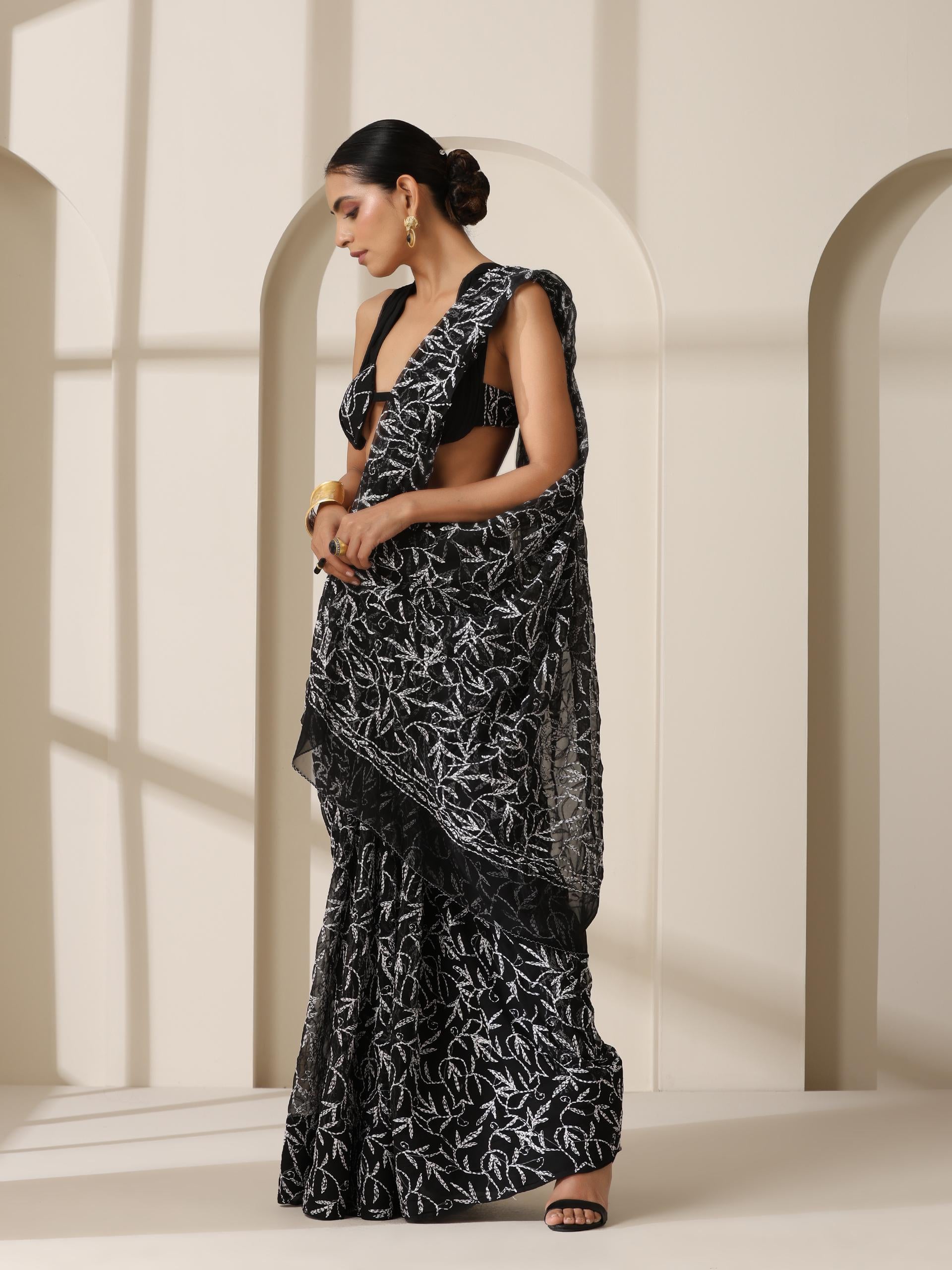 Black Tepchi Hand Chikankari Pure Georgette Saree with Blouse Fabric