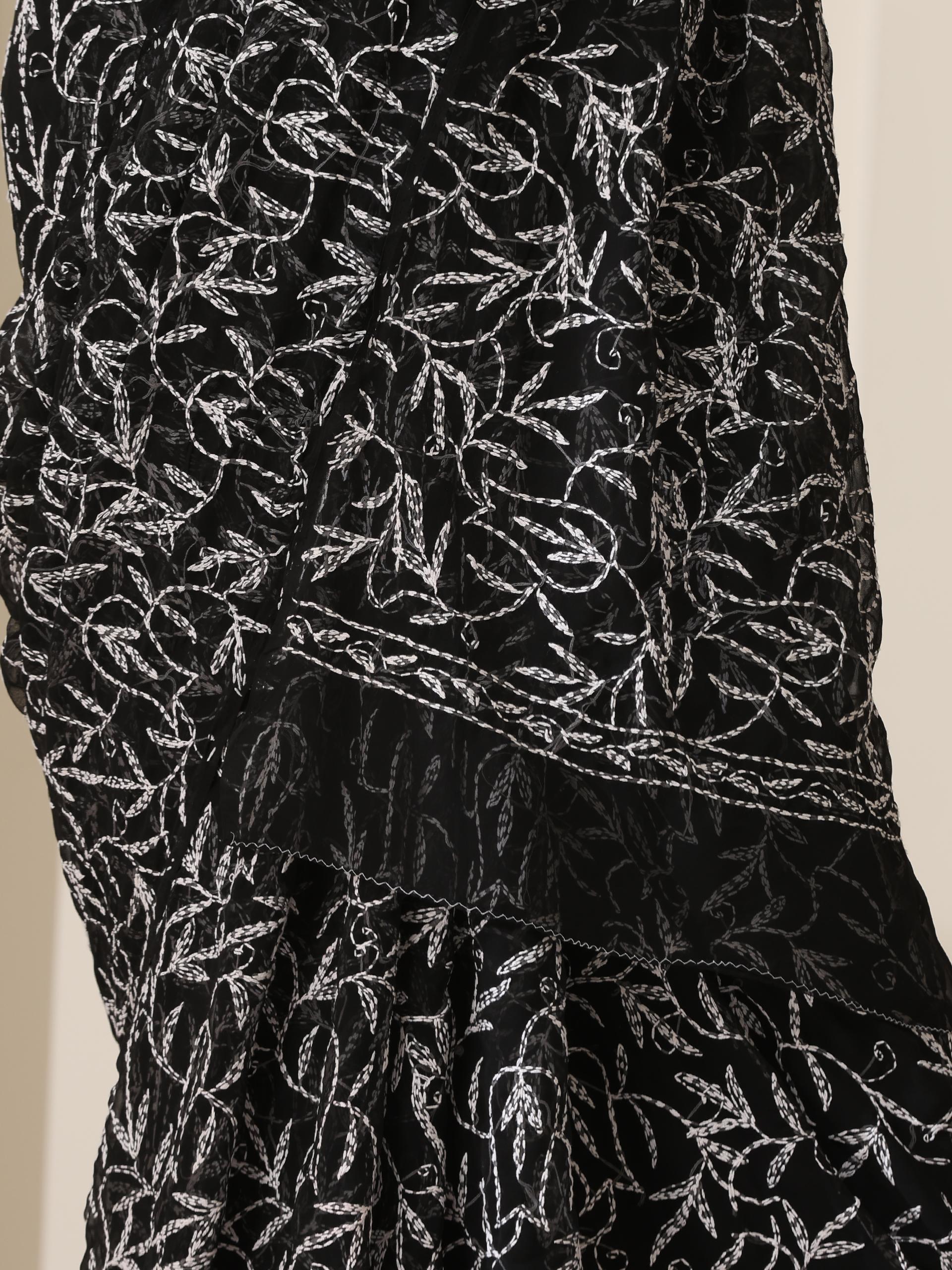 Black Tepchi Hand Chikankari Pure Georgette Saree with Blouse Fabric
