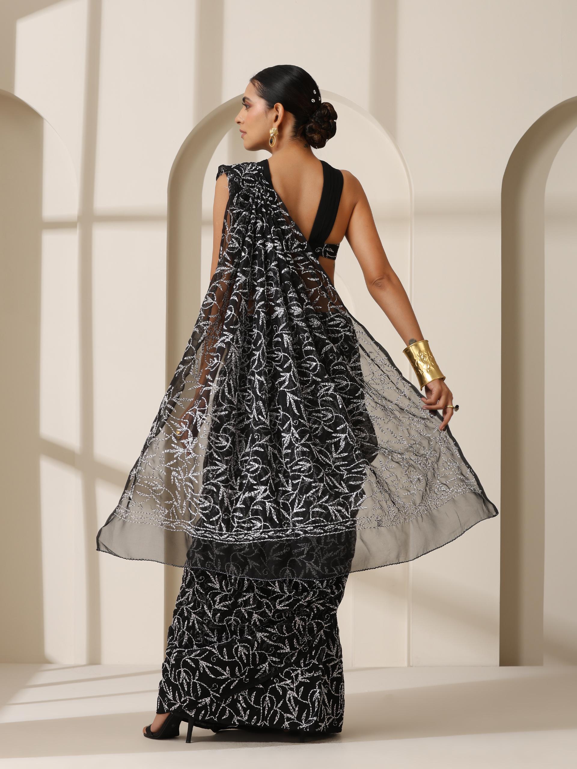 Black Tepchi Hand Chikankari Pure Georgette Saree with Blouse Fabric