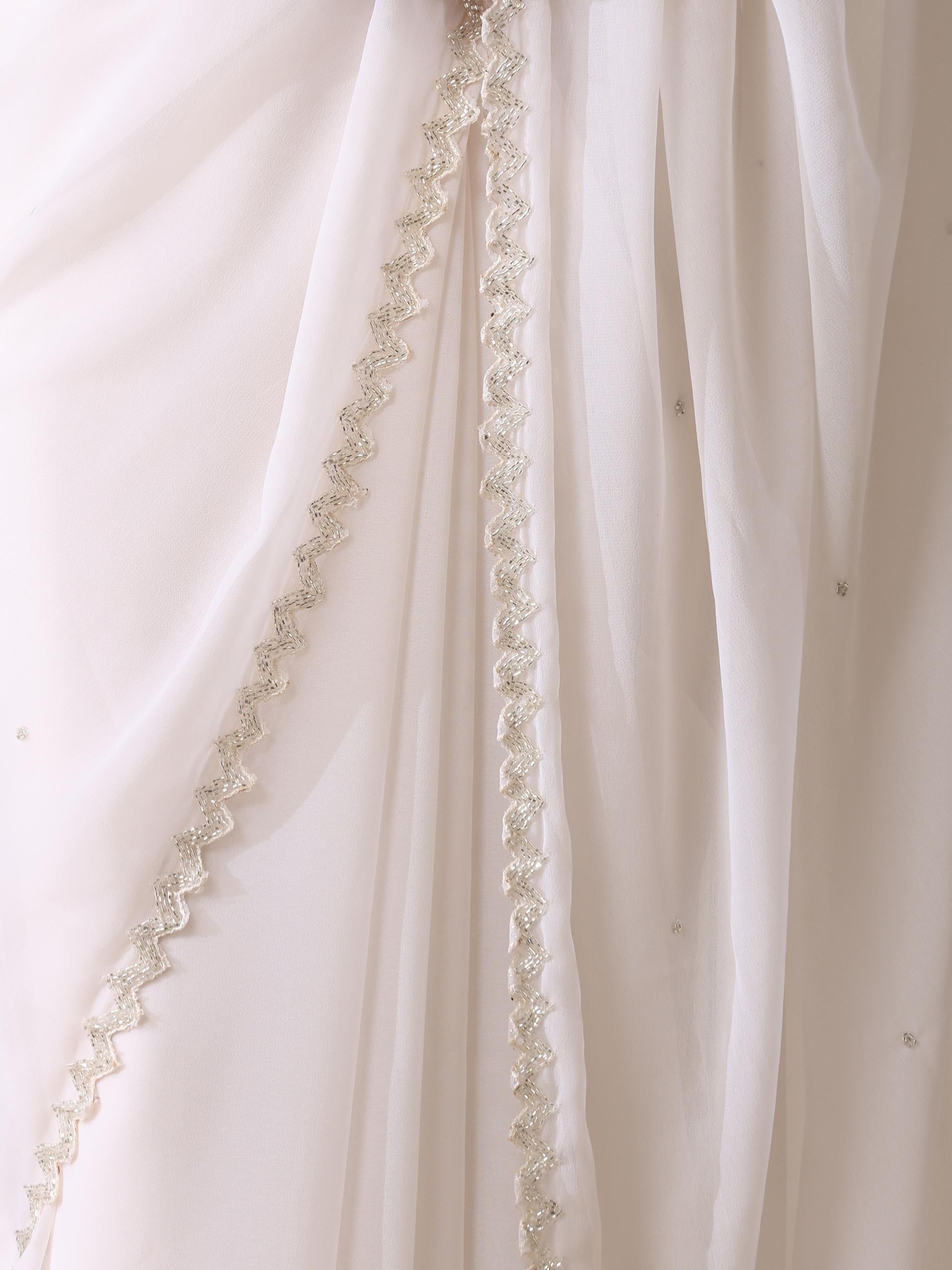 Amazing Grace White Hand Beaded Hill Georgette Saree with Beaded Blouse Fabric