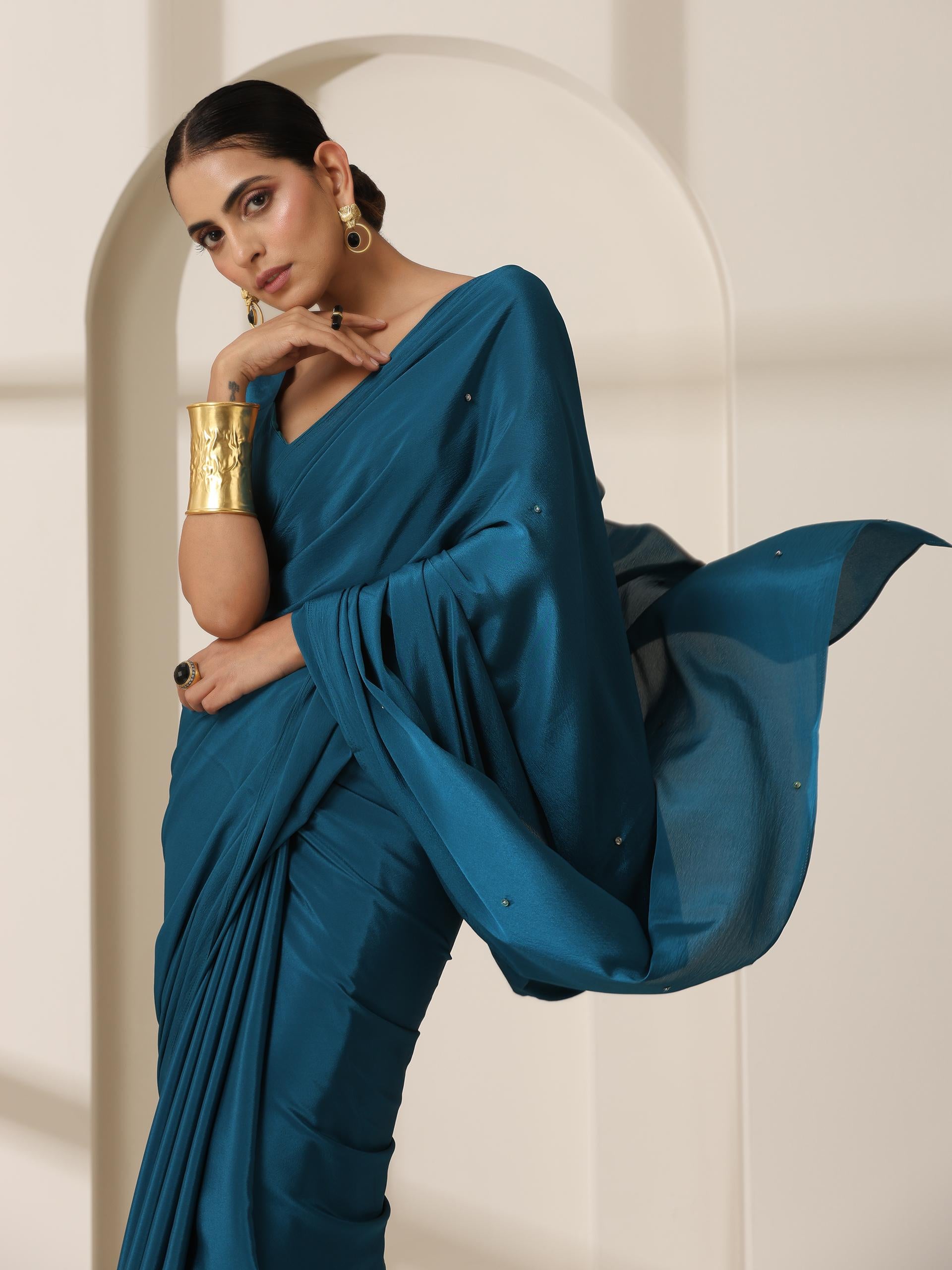 La Azure Crepe Saree with Beads on Pallu and Self Blouse Fabric